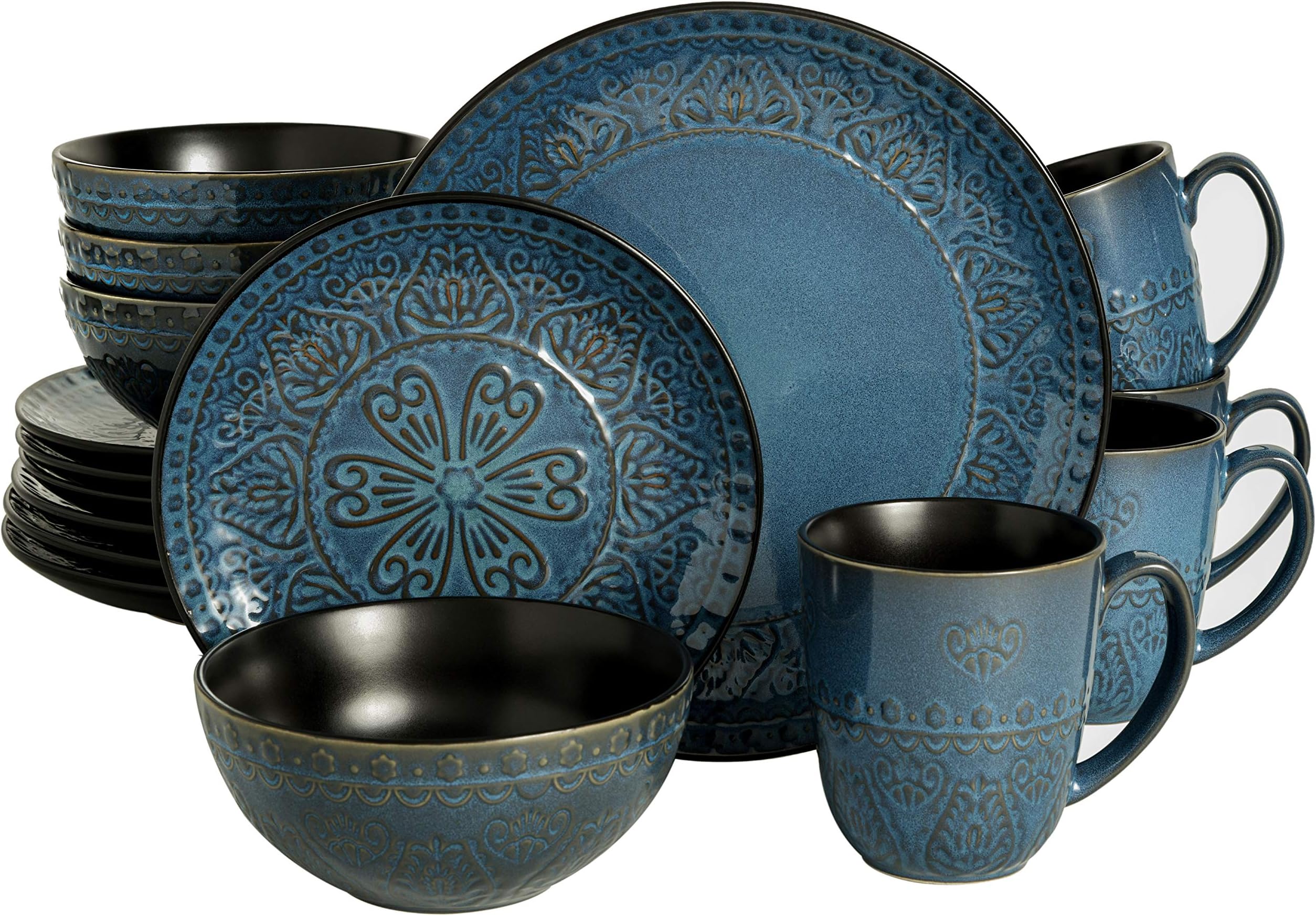 Gibson Elite Milanto Round Embossed Reactive Glaze Stoneware Dinnerware Set, Service for Four (16pcs), Blue