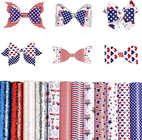 Miniatura 2 de 11.8 pulgadas x 7.9 pulgadas de largo, 12 piezas de hojas de cuero sintético con diseño de bandera estadounidense y lentejuelas con purpurina, tela