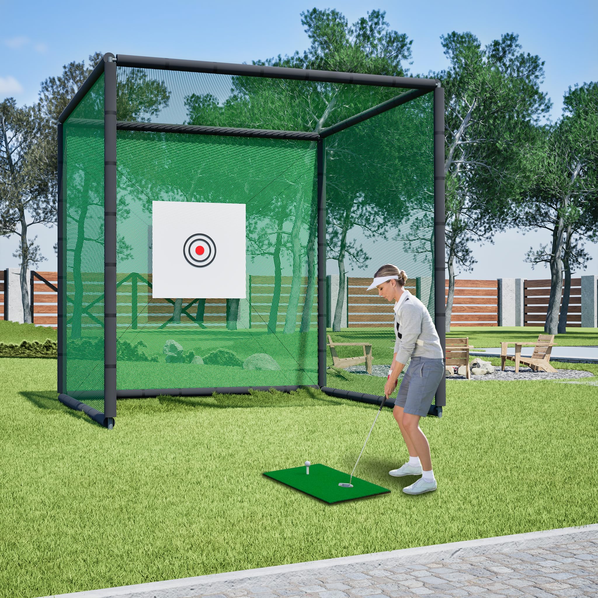 Thanaddo Golfkäfignetz 3m Freistehend Übungskäfignetz, Golfnetz Übunskäfig mit Ziel-Tuch und Übungsmattte