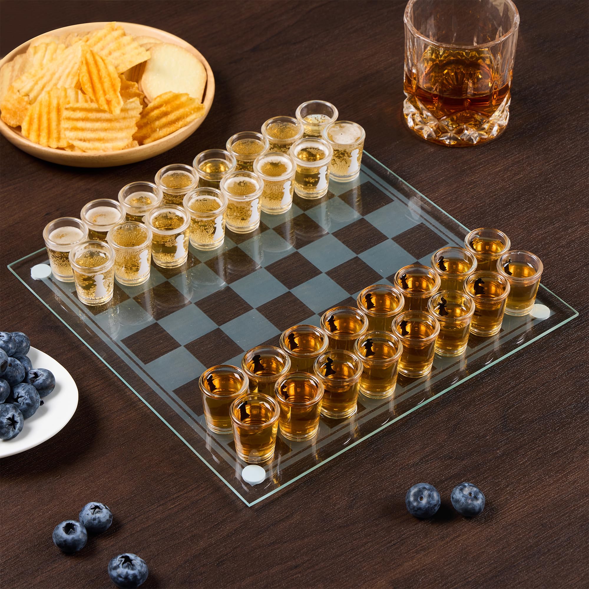 Scacchi con Bicchierini Shot – Gioco Alcolico con 32 Shottini e Scacchiera in Vetro, Gioco da Tavolo per Feste Adulti, Idea Regalo Uomo e Amici