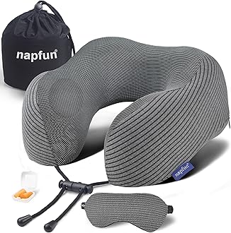 napfun Neck Pillow for Traveling, Upgraded Travel Neck Pillow for Airplane 100% Pure Memory Foam Travel Pillow for Flight Headrest Sleep, Portable Plane Accessories, Luxury Sets (Optional), Dark Grey