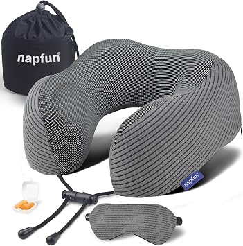 napfun Neck Pillow for Travel with Travel Pouch, Sleep Mask & Earplugs, Memory Foam Airplane Pillow for Headrest Sleep with Eyeshades, Plane Essentials with Eye Blindfold, Dark Gray Striped Kit