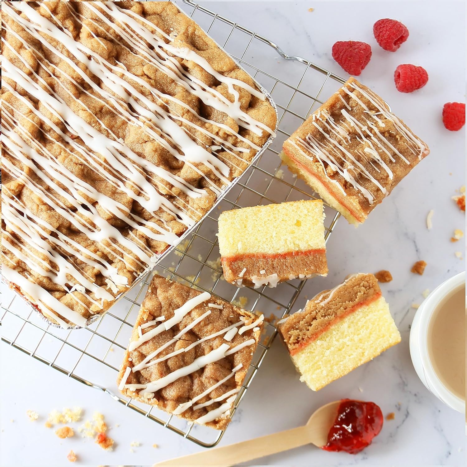 Raspberry Crumb Cake with Vanilla Drizzle (2-PACK) 8x8in Moist Raspberry Crumb Cakes for Parties, Housewarming, Birthday, Sympathy, or Any Occasion