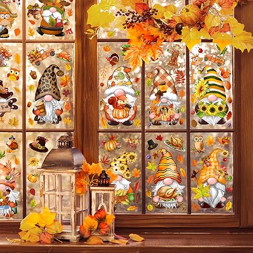 Miniatura 4 de BORAMDO Fall Thanksgiving Window Clings 14 Sheets, Gnome Leaf Turkey Decals Stickers, Removable Autumn Decorations for Glass Windows, Holiday Home