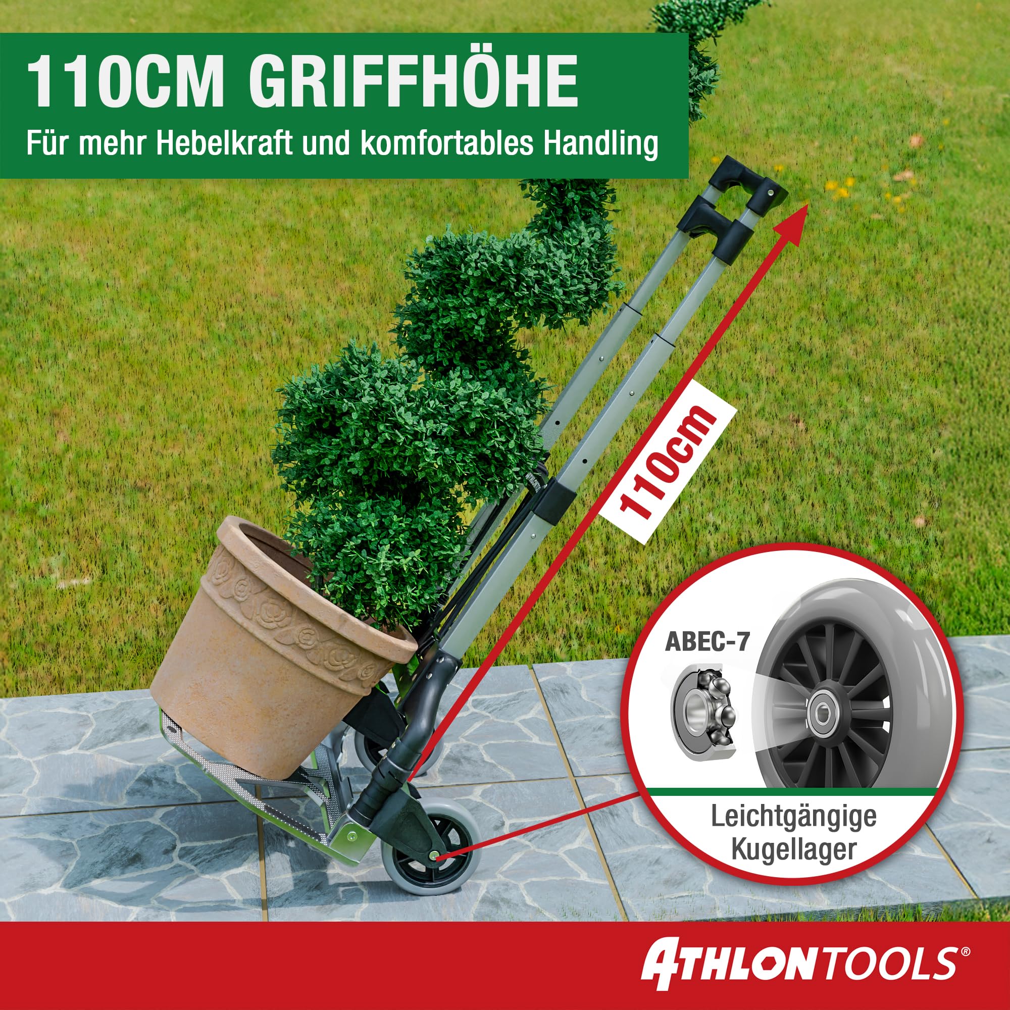 ATHLON TOOLS Aluminium Transportkarre klappbar TÜV GS-geprüft – Langer Teleskopgriff 110 cm, Anti-Rutsch-Pads, Soft-Laufräder, inkl. 2 Expanderseile - Sackkarre klappbar Alu kompakt & leicht