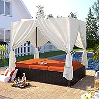 Vista 2 de Quarte Tumbona de mimbre para patio al aire libre con toldo de cuatro caras/cortinas superior/cojines/asientos ajustables, estilo romántico elegante