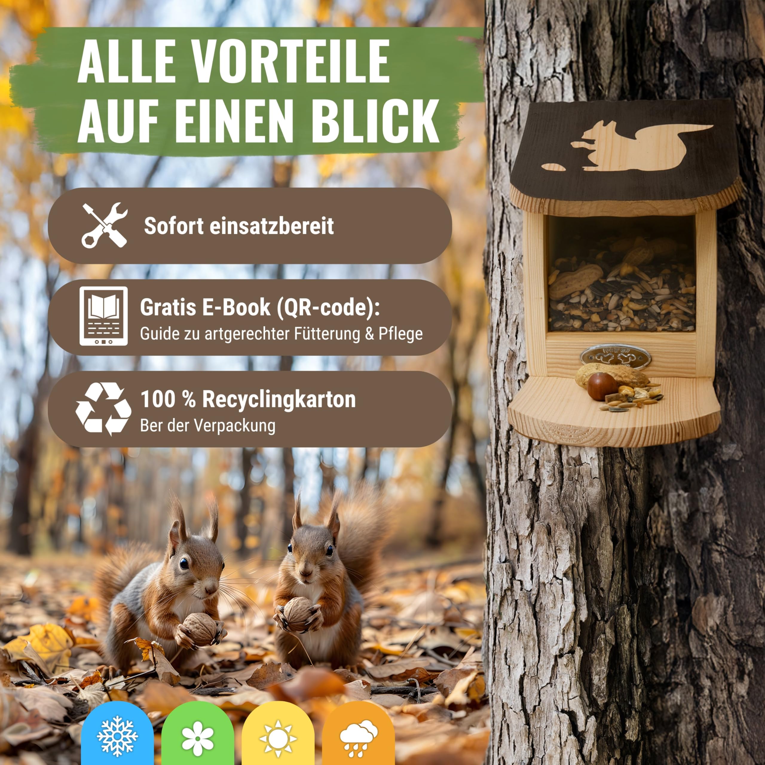 Eichhörnchen Futterhaus mit Dachmotiv - Eichhörnchen Haus und Futterhaus wetterfest - Unbehandelte Futterstation aus Kiefernholz - für Garten und Balkon