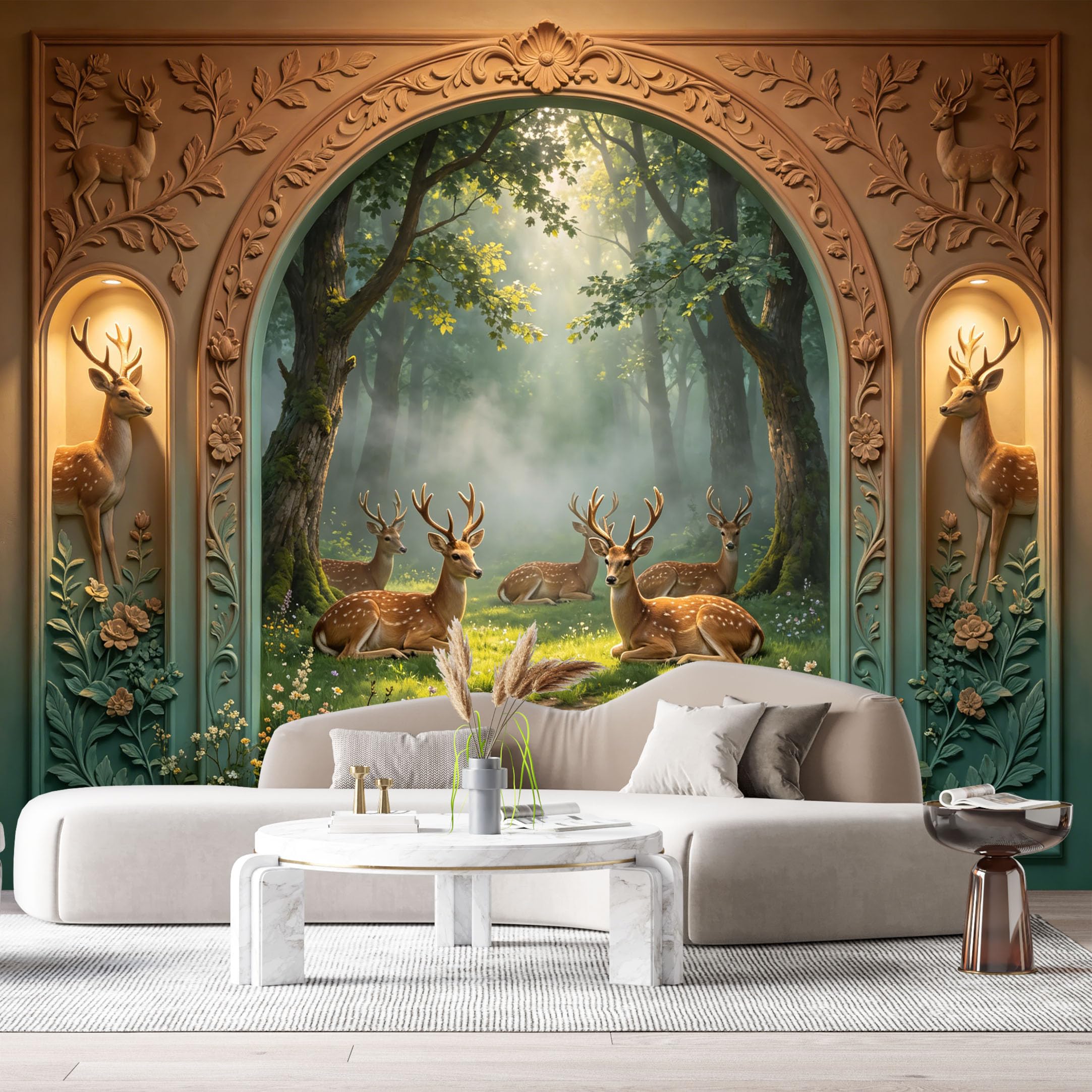 Custom Size Wall Murals Forest Deer Landscape Neoclassical Arch 3D Trompe L'Oeil SelfAdhesiveWall Fabric Removable Wallpaper Wall Decor for Living Room Bedroom Bathroom