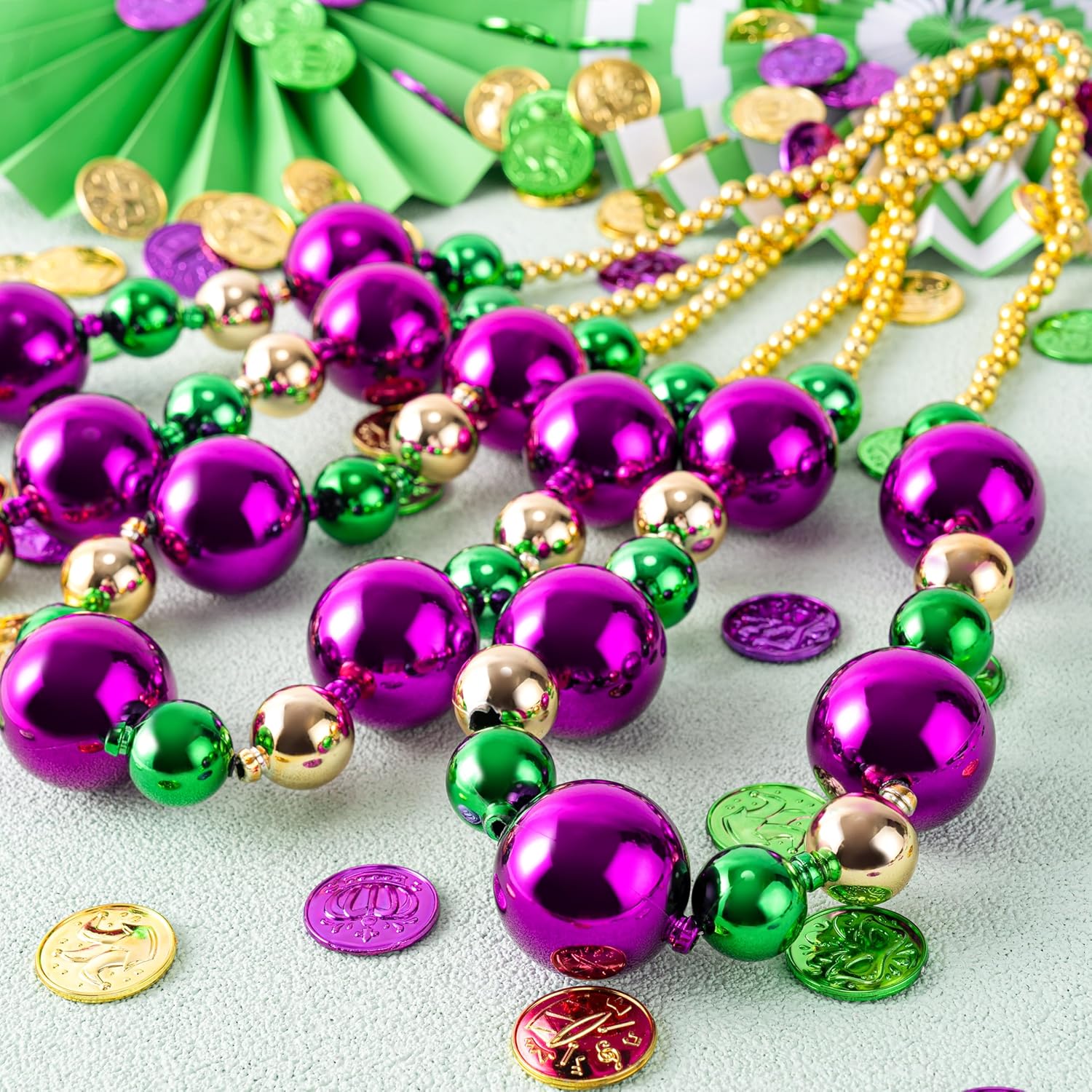 JOYIN 6 Pcs Mardi Gras Jumbo Bead Necklaces, 44'' Gold Green Purple Necklaces Beads for Mardi Gras Parade Decorations Party Favors Supplies, Costume Outfit Accessories