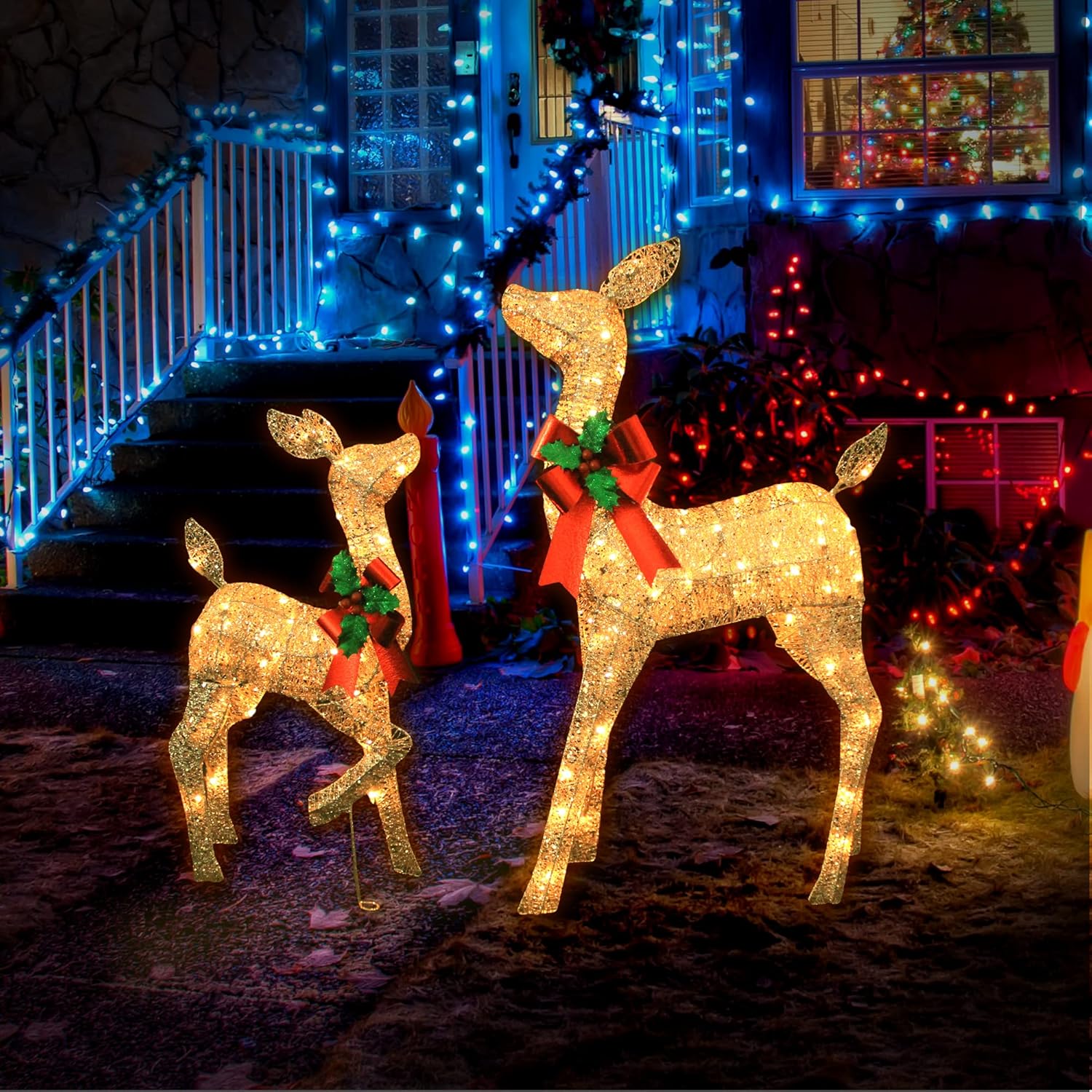 VIKIMORA 38in Christmas Deer Set Decoration with LED lights, Christmas