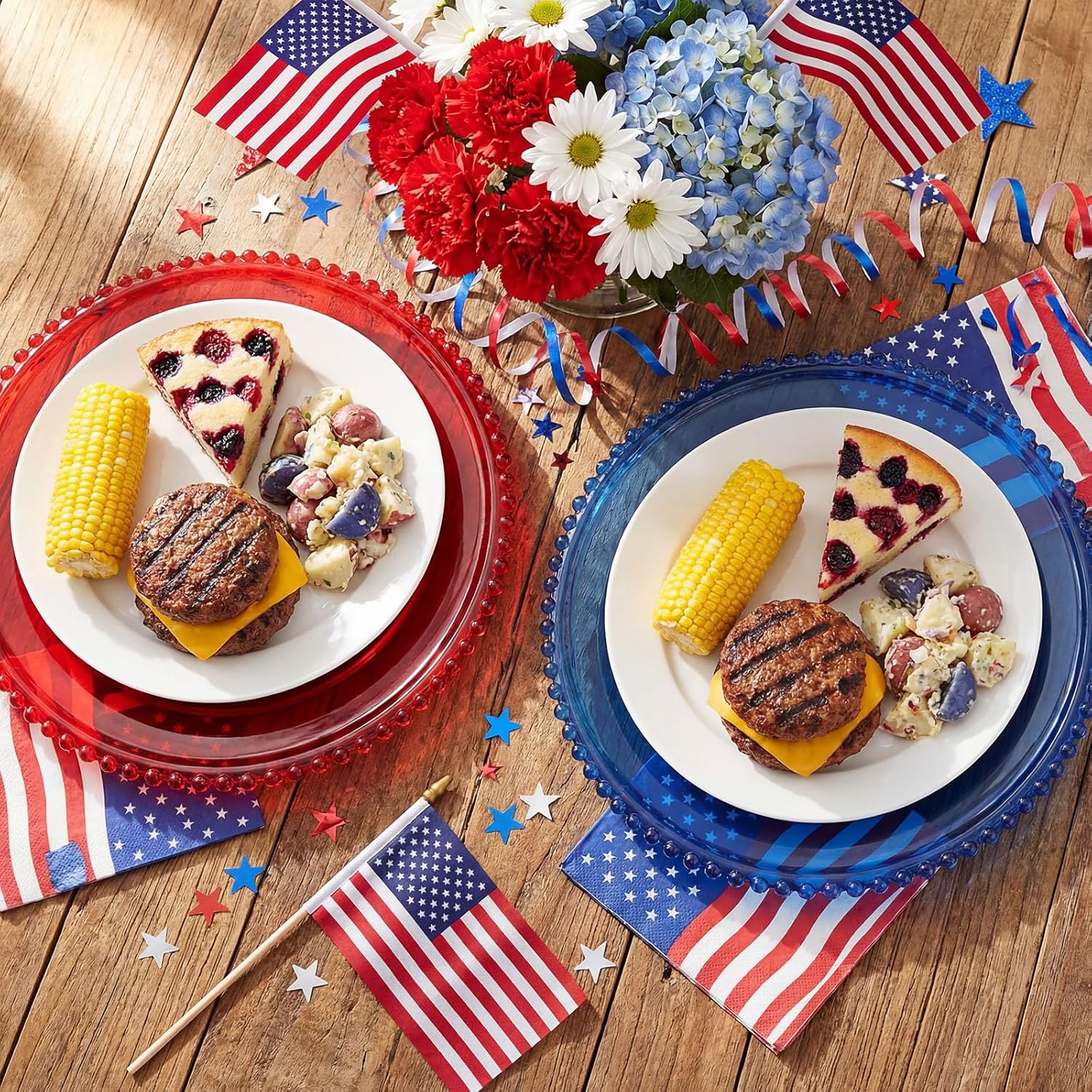 CHENGU 6 Pcs 4th of July Charger Plates Patriotic Charger Plates Red and Blue Clear Acrylic Round Table Decorations Placemat for Independence Day Party Kitchen Dining Tables