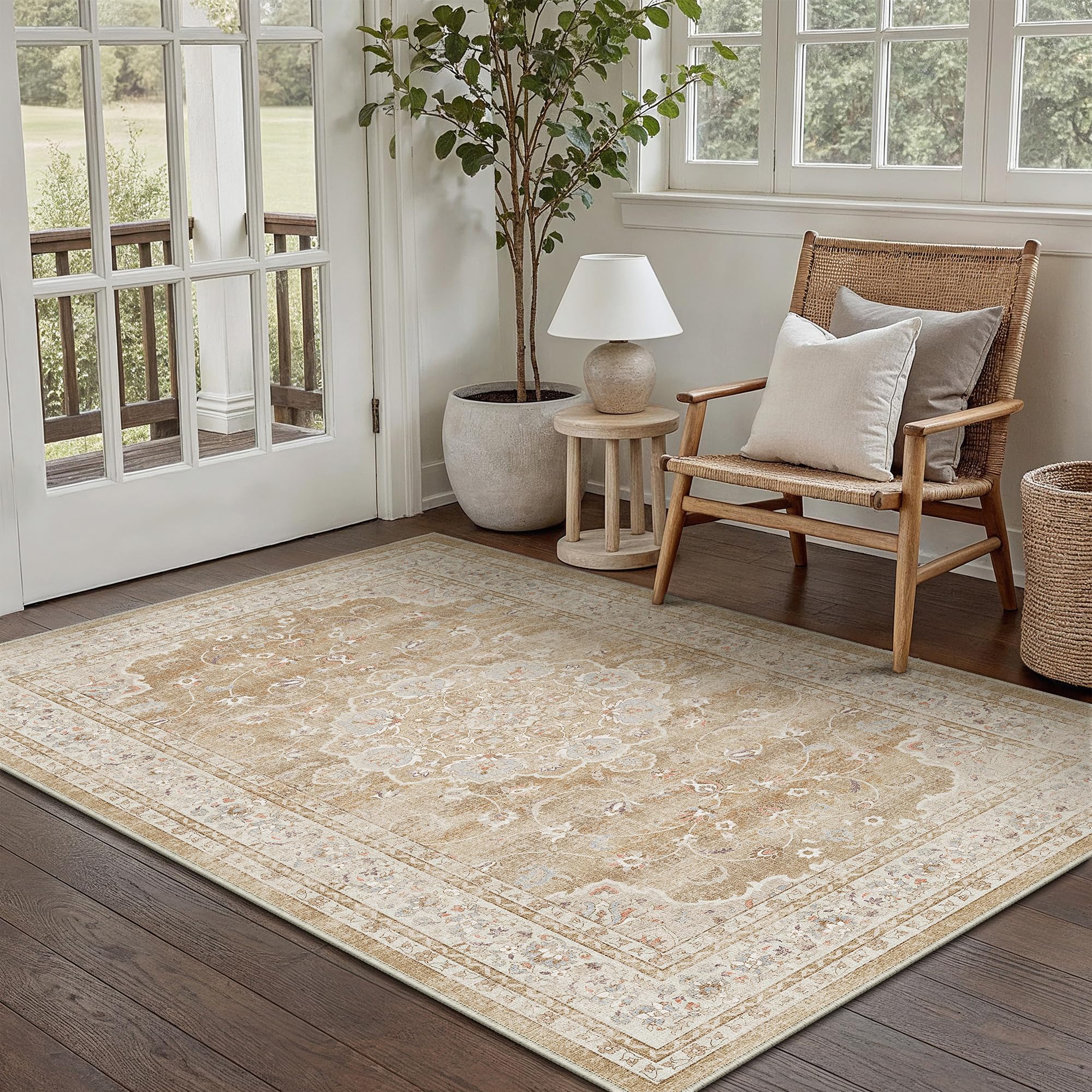 PureCozy Vintage Waschbarer Braun Teppich Wohnzimmer 80x150cm kurzflor rutschfest Weich Böhmischen Retro Teppiche für Schlafzimmer Esszimmer Küchen Bedroom Living Room Kinderzimmer