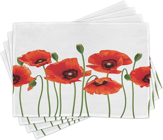 ABAKUHAUS Floral Place Mats Set of 4, Pastoral Flowers Botany, Washable Fabric Placemats for Dining Room Kitchen Table Decor, Red and Green