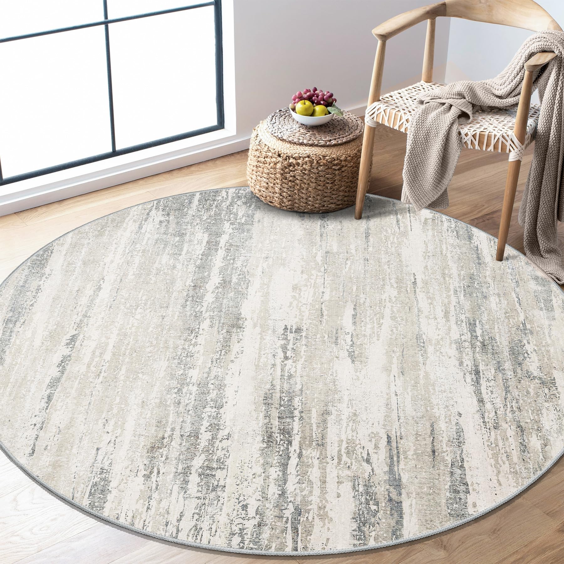 MUJOO Round Rug 4ft,Small Cicle Area Rug Washable,Circular Throw Carpet for Entryway Bedroom Kitchen,Modern Abstract Non Slip Indoor Accent Neutral