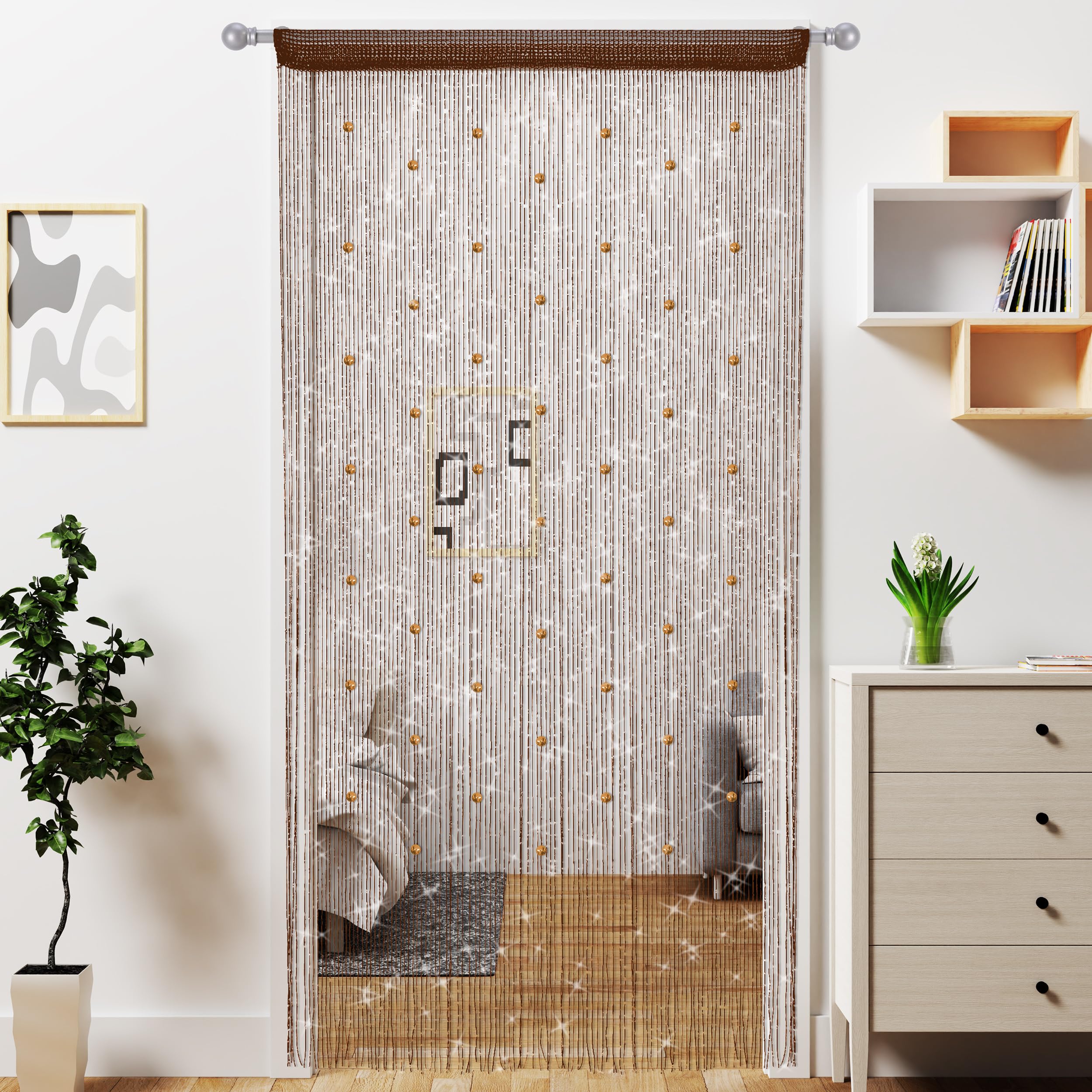 Rideau de perles à suspendre - Séparateur de pièce - Style hippie - Panneau à franges pailletées - Pour placard, fenêtre, porte, porte - Café - 100 x 200 cm