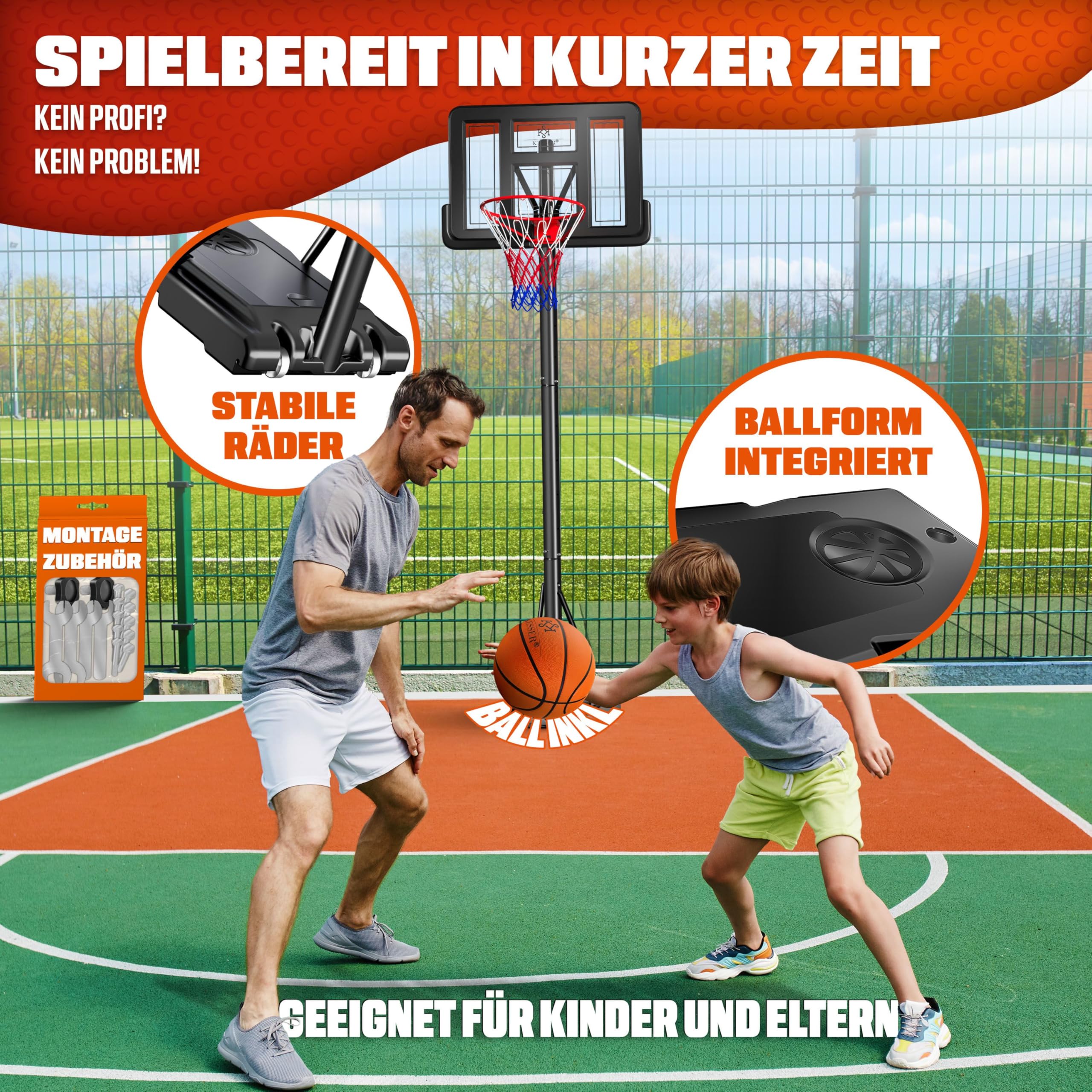 KESSER Basketballkorb Set höhenverstellbar mobiler Basketballständer mit Rollen Backboard Basketball Pumpe 2 Netzen Indoor Outdoor