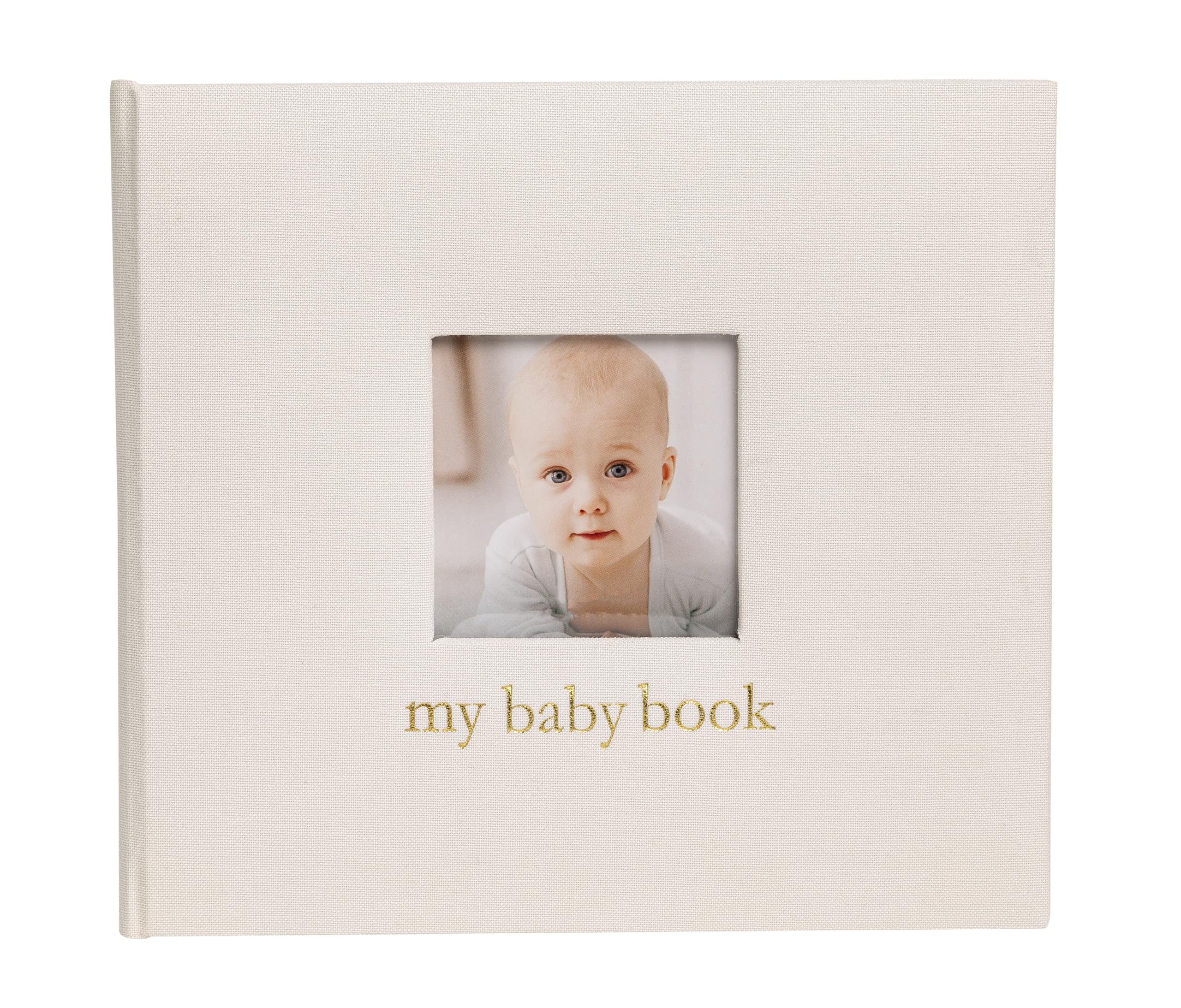 Pearhead Linen Baby Memory Book, Baby Keepsake with Guided Pages and Photo Insert for Early Childhood Milestones, Ivory