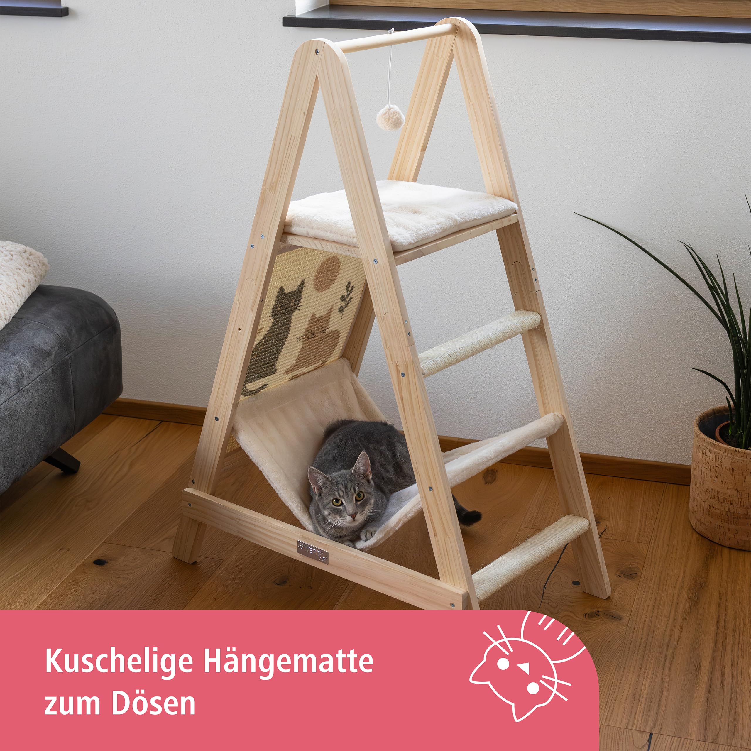 Kerbl Pet Torre da arrampicata Ladder, tiragraffi per gatti, legno massiccio, morbido peluche, beige, altezza 104 cm, due superfici di appoggio, con amaca, superficie in sisal