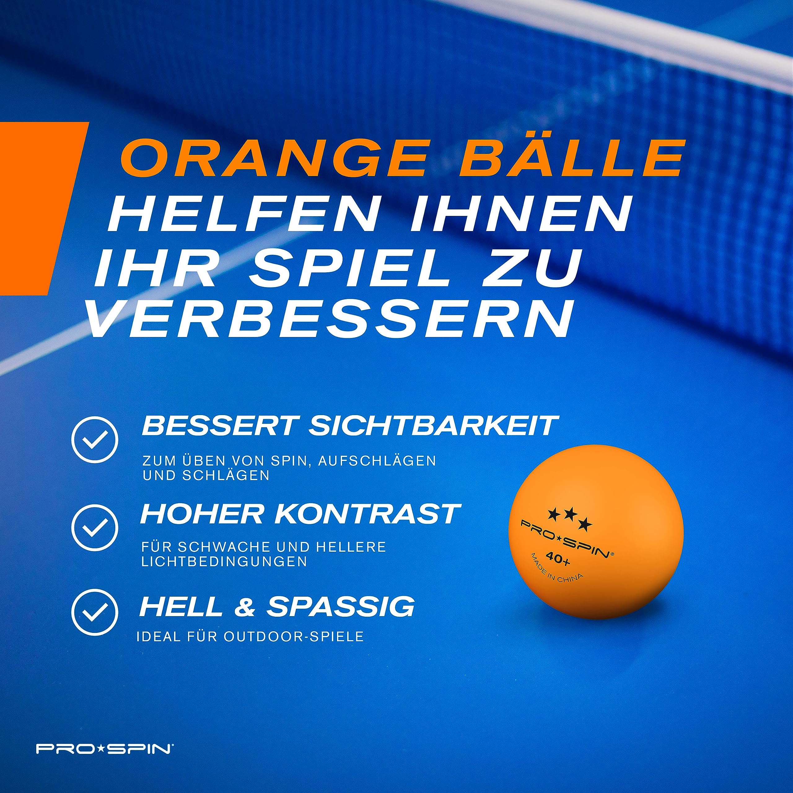 PRO-SPIN Tischtennisbälle – Orange Tischtennisbällen 3 Sterne 40+ | Hochwertige ABS-Trainingsbälle | Extrem Robust für Innen- und Außen-Tischtennisplatten, Wettbewerb und Spiel