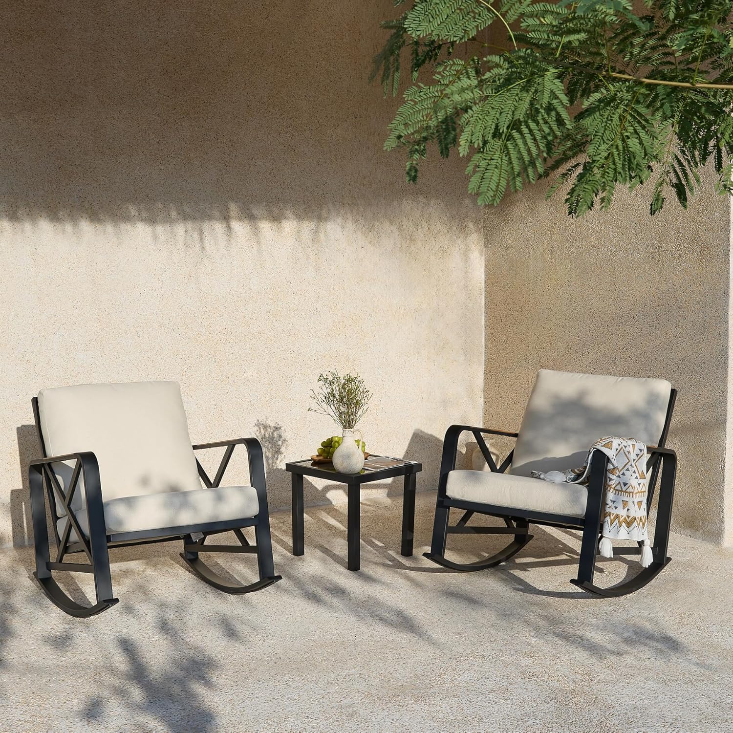Tribesigns Outdoor Rocking Chair Set, Patio Furniture Sets, Waterproof Rocking Chair with Thick Cushion, Metal Rocker for Balcony (Beige, 3PCS Rocking Bistro Set)