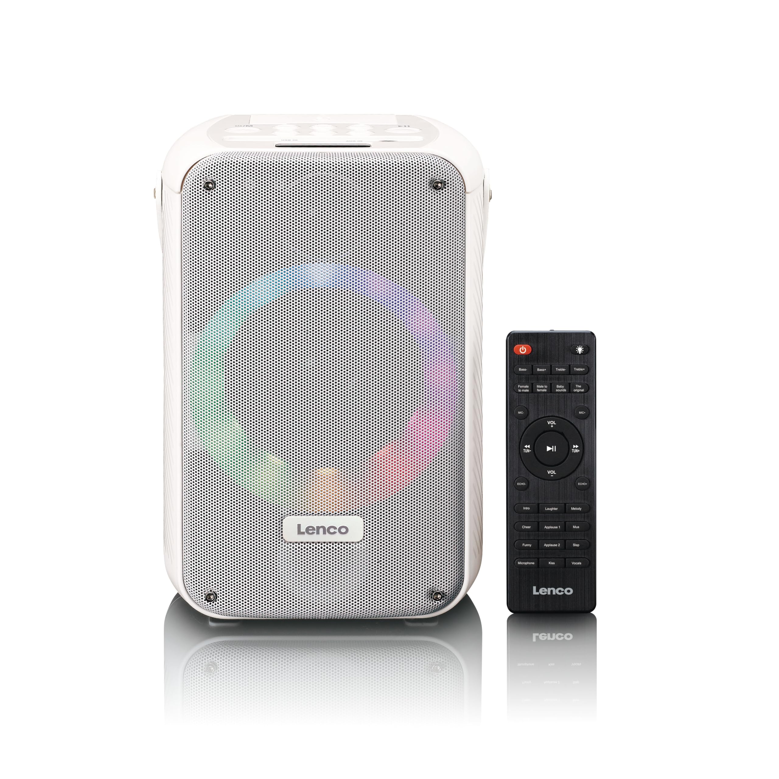 Lenco BTC-060 przenośna maszyna do karaoke, Bluetooth 5,2 – 20 W, RMS – 2 głośniki – mikrofon – pilot zdalnego sterowania – wbudowany akumulator – efekty świetlne – kolor biały