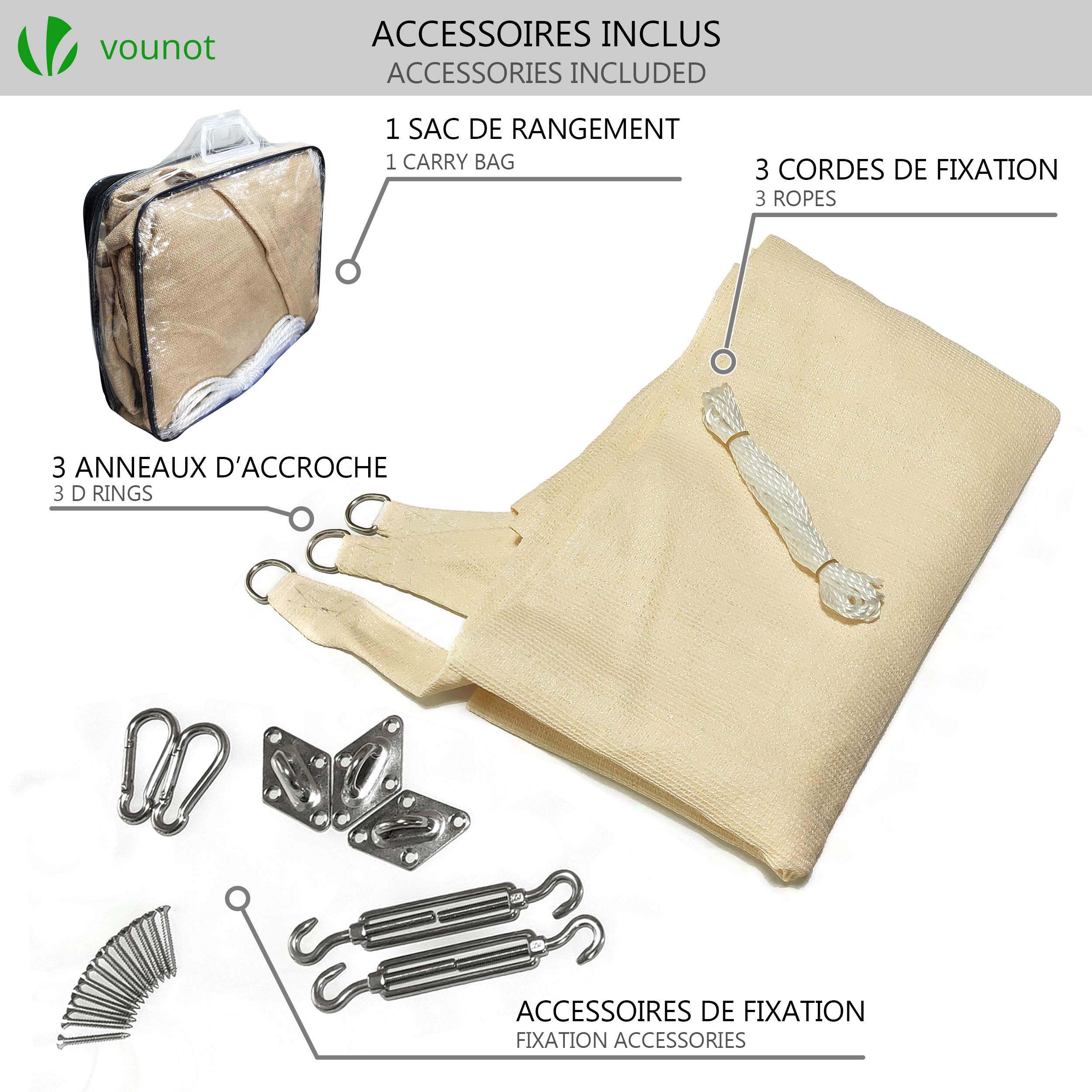 VOUNOT® Tenda da Sole Triangolare 3x3x3 m HDPE Protezione UV con Kit di Fissaggio per Esterno, Giardino