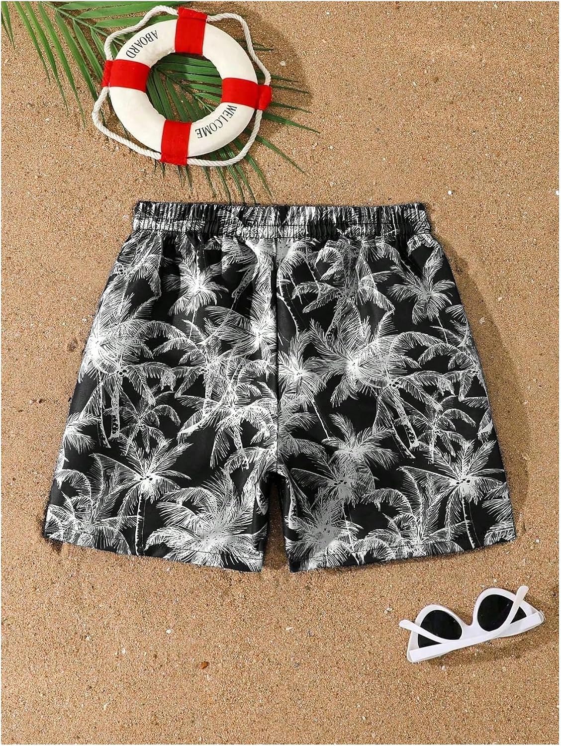 SweatyRocks Boy's Swim Trunks Board Shorts Drawstring Elastic Waist Palm Tree Print Beach Swimming Shorts