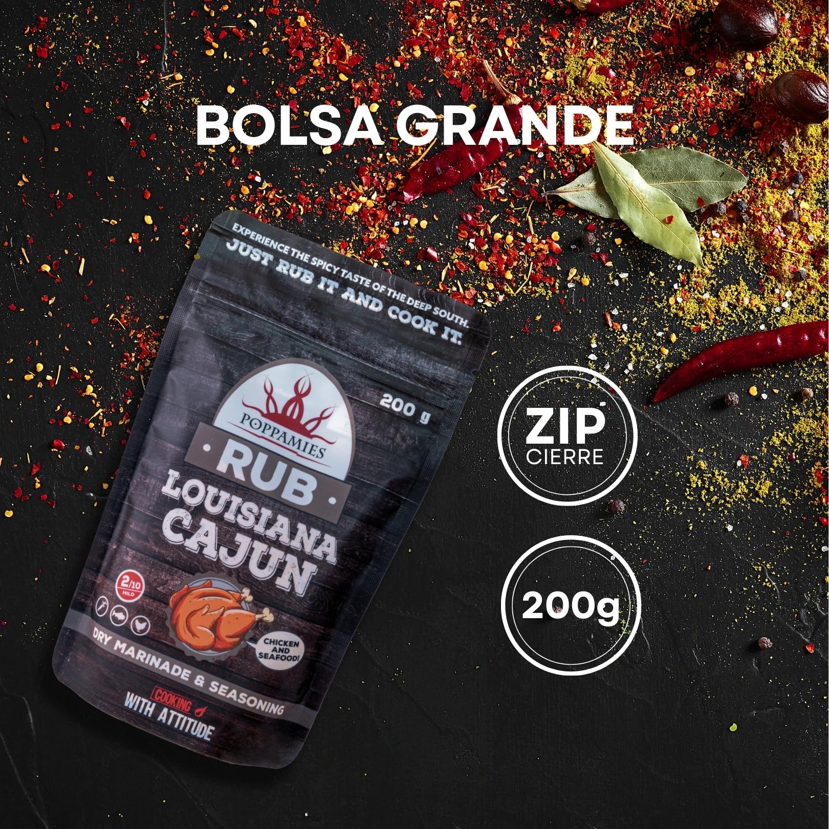 Poppamies Louisiana Sazonador Cajun - Adobo Seco y Condimento perfecto para Pescado, Verduras - Pollo, Ideal para parrilla - Paquete Grande (200 g)