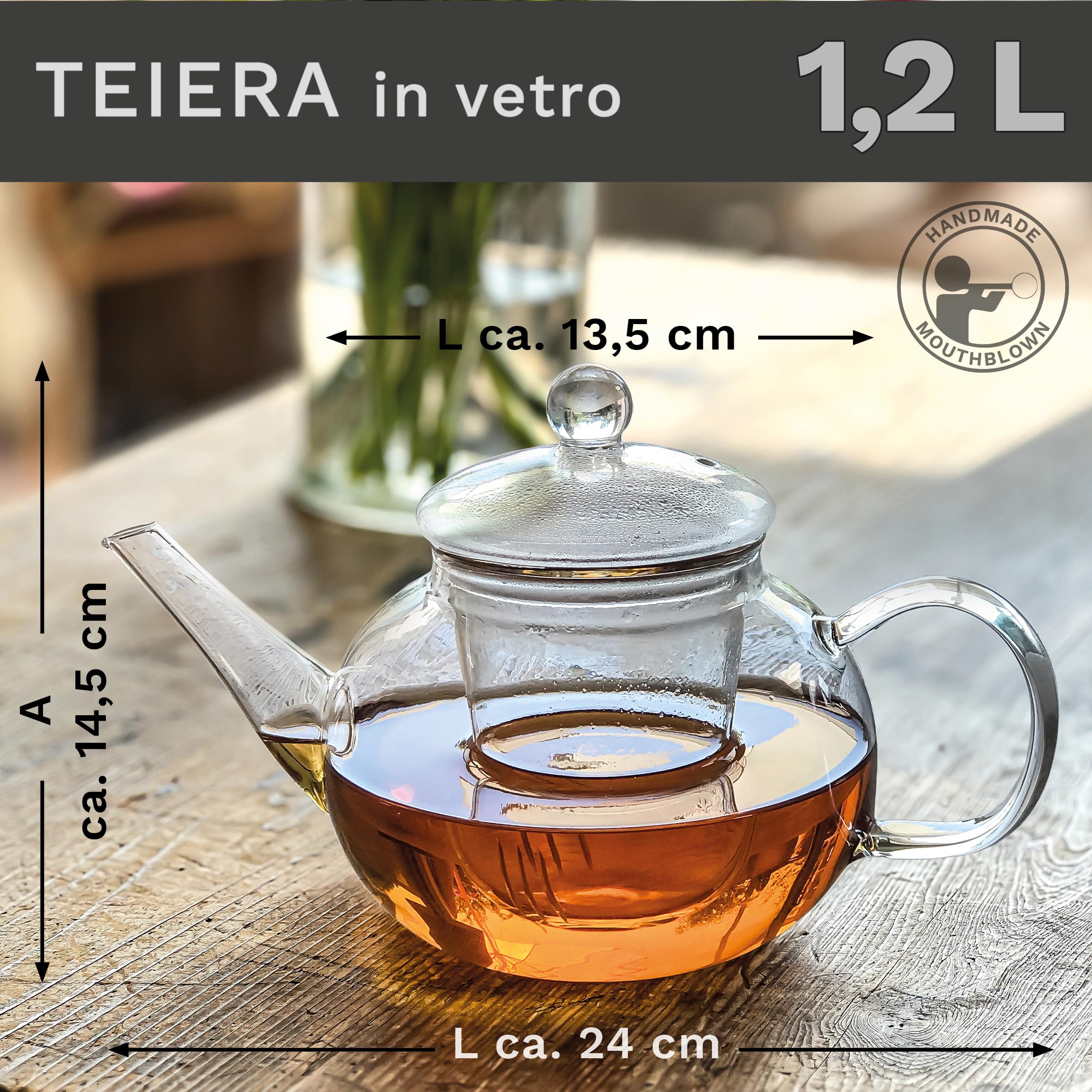 Creano Teiera in Vetro 1,2 L con Filtro e Copercio in Vetro Integrato Antigoccia Elegante Teiera Trasparente per Tè e Infusi Regalo Perfetto