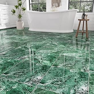 ZRJT 10-Pack 10 Sq.Ft Peel and Stick Floor Tiles Vinyl Polish Pattern Flooring, 12” x 12” Self Adhesive Vinyl Flooring DIY for Kitchen, Bathroom, Laundry, Polish Green Marble