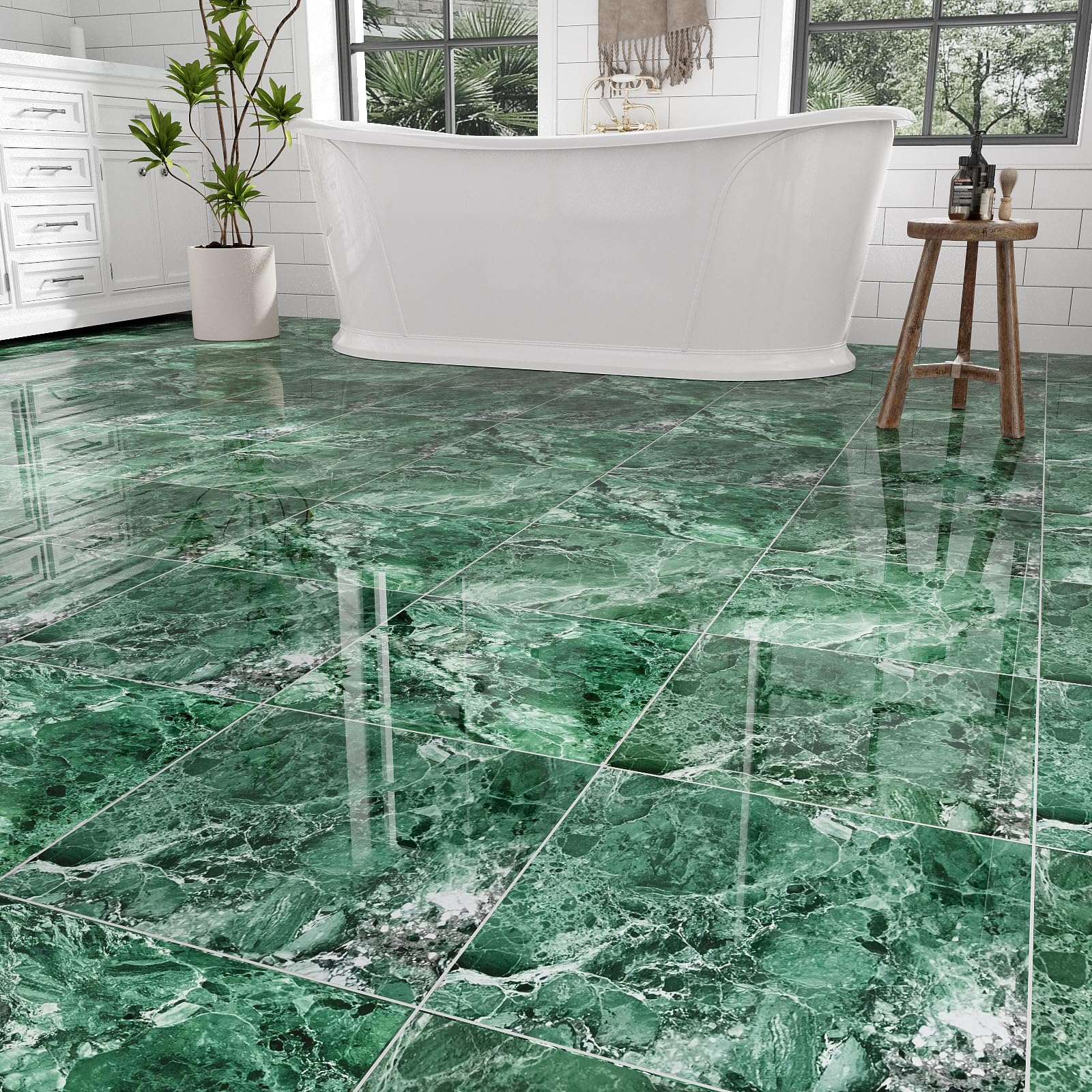 10-Pack 10 Sq.Ft Peel and Stick Floor Tiles Vinyl Polish Pattern Flooring, 12” x 12” Self Adhesive Vinyl Flooring DIY for Kitchen, Bathroom, Laundry, Polish Green Marble