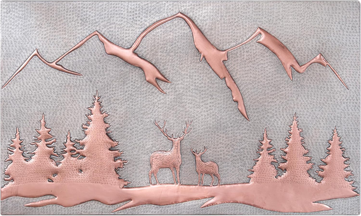 Copper Backsplash, Mountains Behind the Deers in the Forest Kitchen Backsplash, 18"x30" Nature Scene Copper Backsplash Panel, Handmade Copper Backsplash Tile, Indoor Outdoor Wall Decor (Gray & Copper)