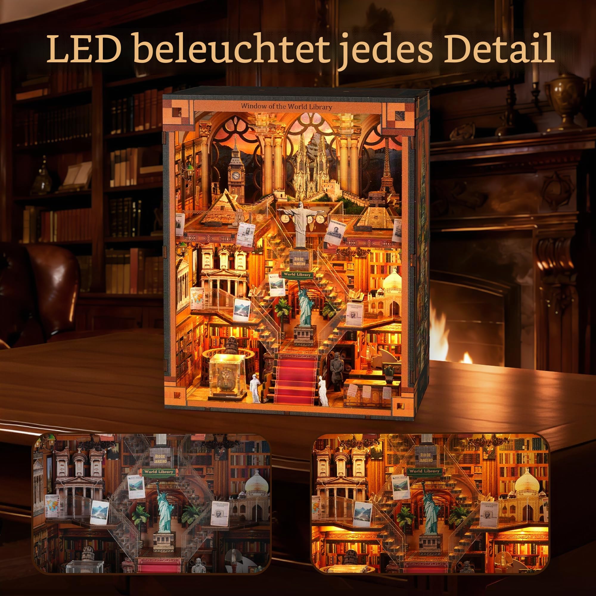 Book Nook Library kit - DIY Miniature House Kit for Adults & Teens, Dollhouse Booknook Bookshelf Insert Decor with LED Light, Unique Gift for Family, Friends（Window of The World）