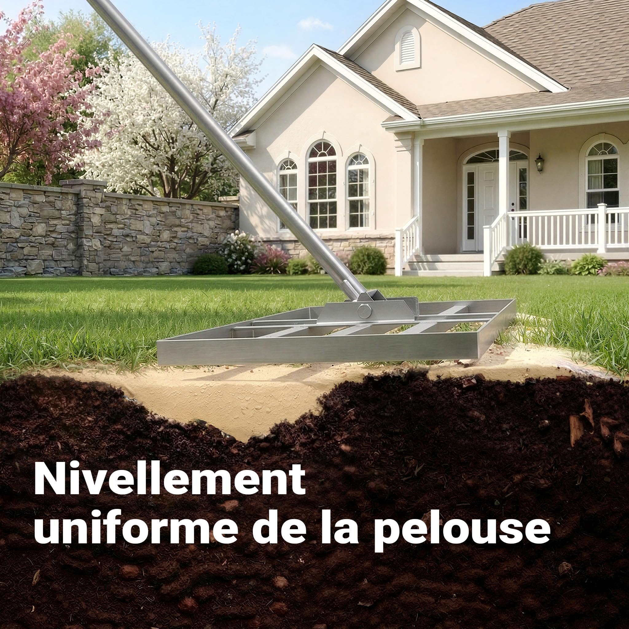 Wiltec Raclette de Gazon Taille M – 750 x 250 x 2000 mm – en Acier INOX – avec Manche 2 m – Grattoir de Jardin Râteau niveleur pour Sabler et Niveler