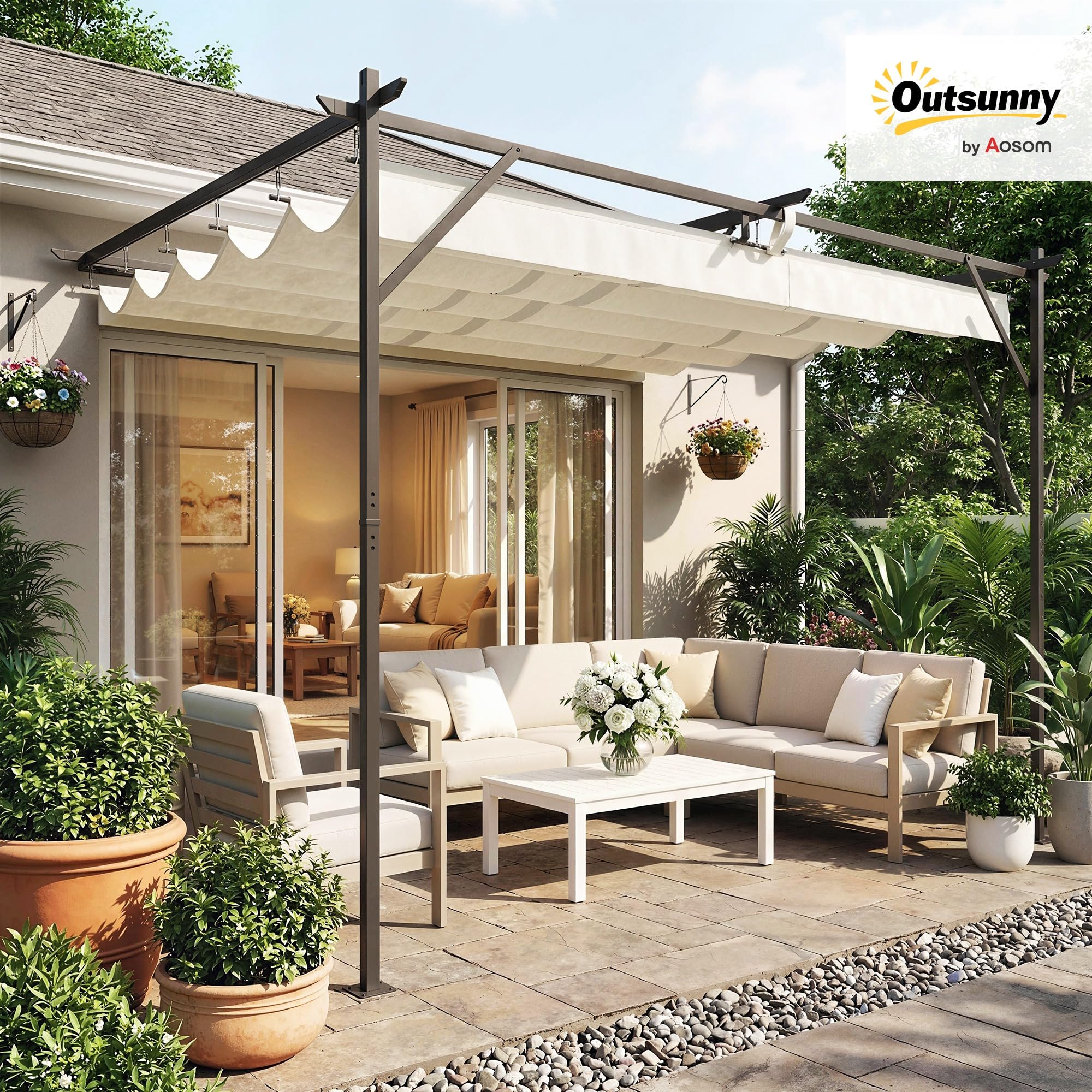 Outsunny Pérgola de Pared de Jardín 4x3 m, Cenador de Jardín con Techo Retráctil, Protección UPF30+, Orificios de Drenaje y Estructura Metálica, Pabellón para Patio, Terraza, Exterior, Blanco Crema - 2