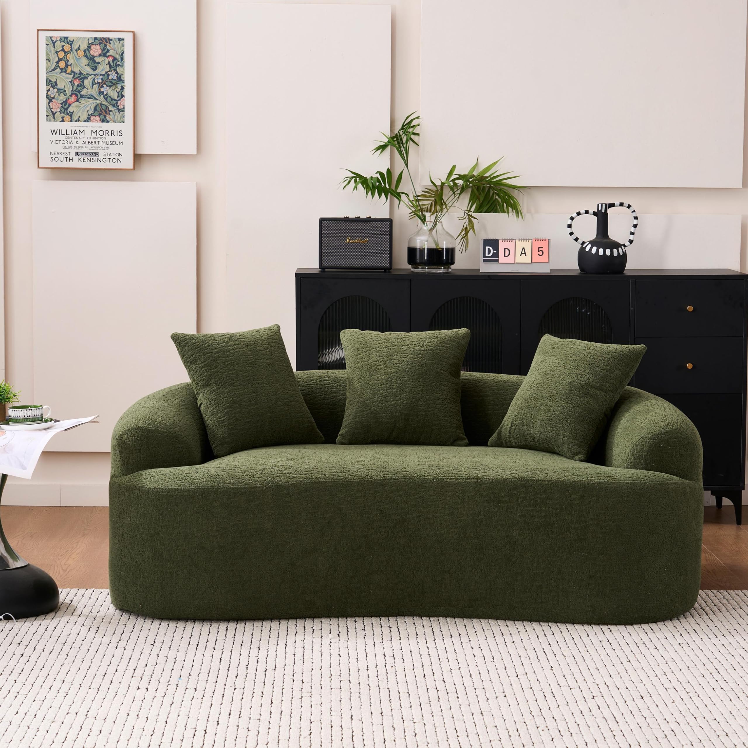 DEINPPA 65'' Modern Small Loveseat Sofa, Chenille Upholstered Couch, Space-Saving Design, Plush Comfort Sofa with 3 Pillows, No Assembly Needed, for