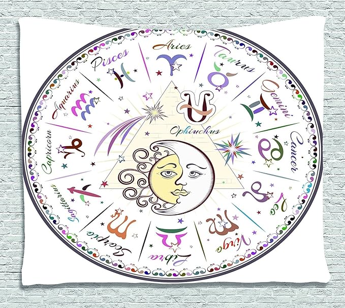 Ambesonne Zodiac Decor Tapestry, Western Chart with All Signs Aries Virgo Leo Taurus Libra Mystique Fate Calendar, Wall Hanging for Bedroom Living Room Dorm, 60