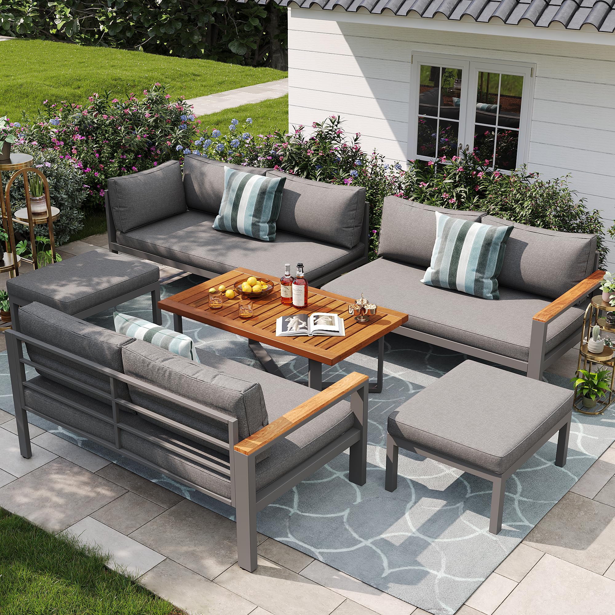 Set di mobili da giardino per 7 – 8 persone, set da giardino per giardino, balcone, terrazza, resistente alle intemperie, set di mobili da giardino con struttura in ferro zincato