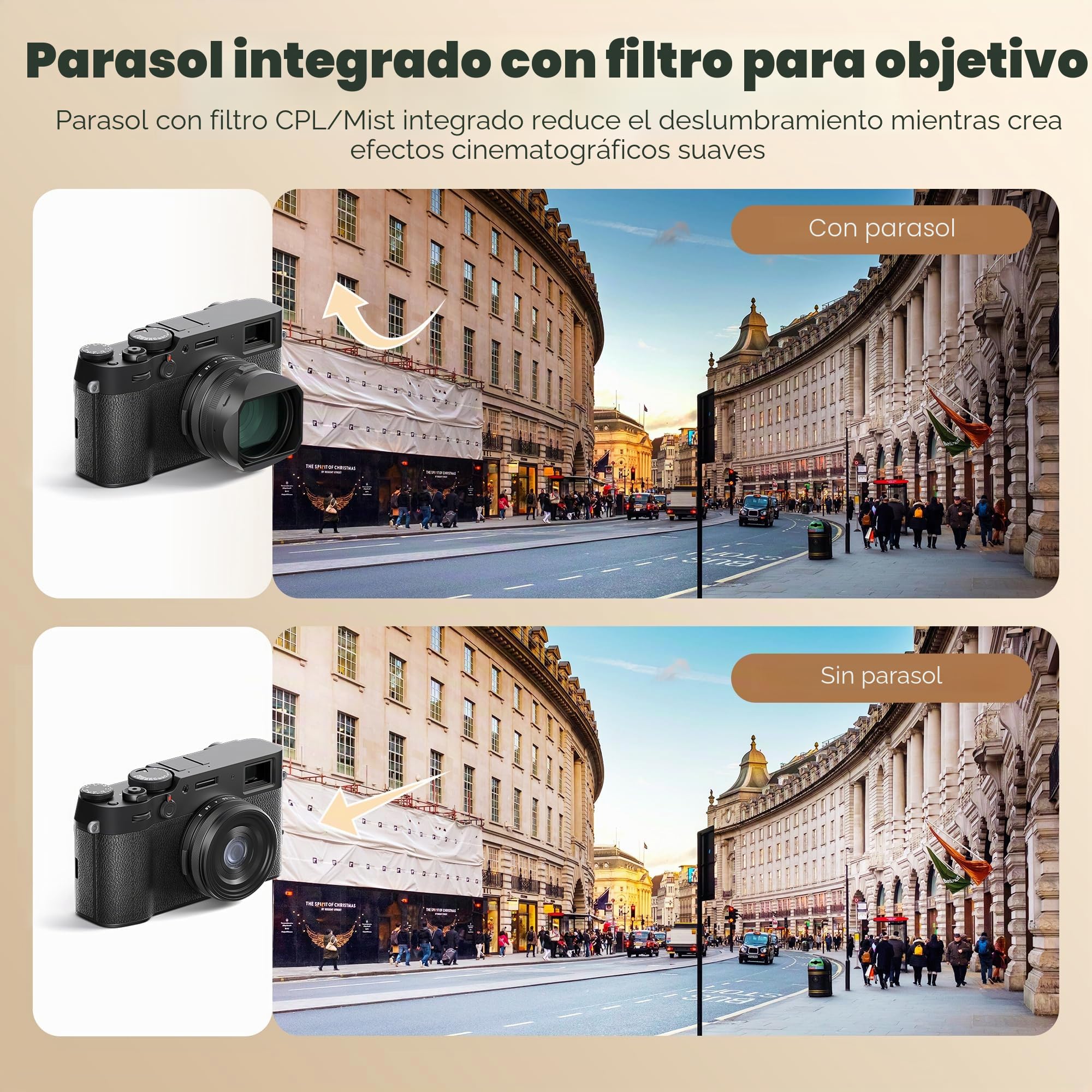Freewell The Real Lens Hood CPL/Niebla para Fuji X100VI X100V Negro | Filtro híbrido plegable CPL/Niebla con operación sin contacto para Fuji X100 Series y ajuste rápido.