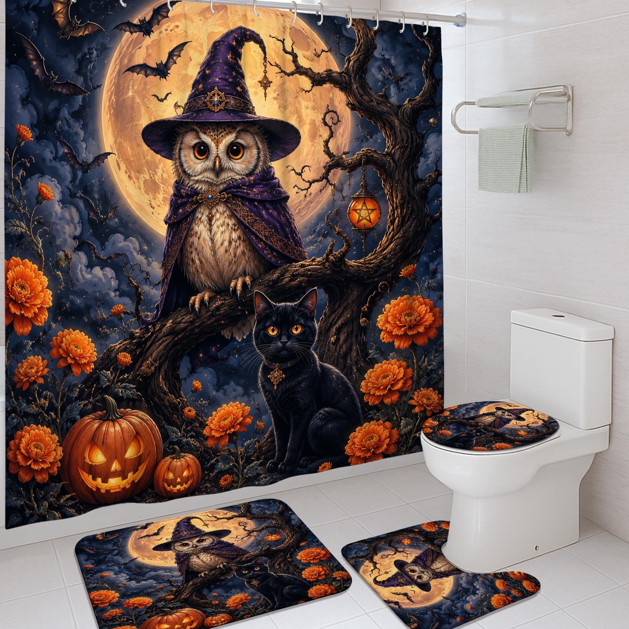 Rideau de douche polyester Halloween chat noir et tapis de bain assorti orange 183 cm