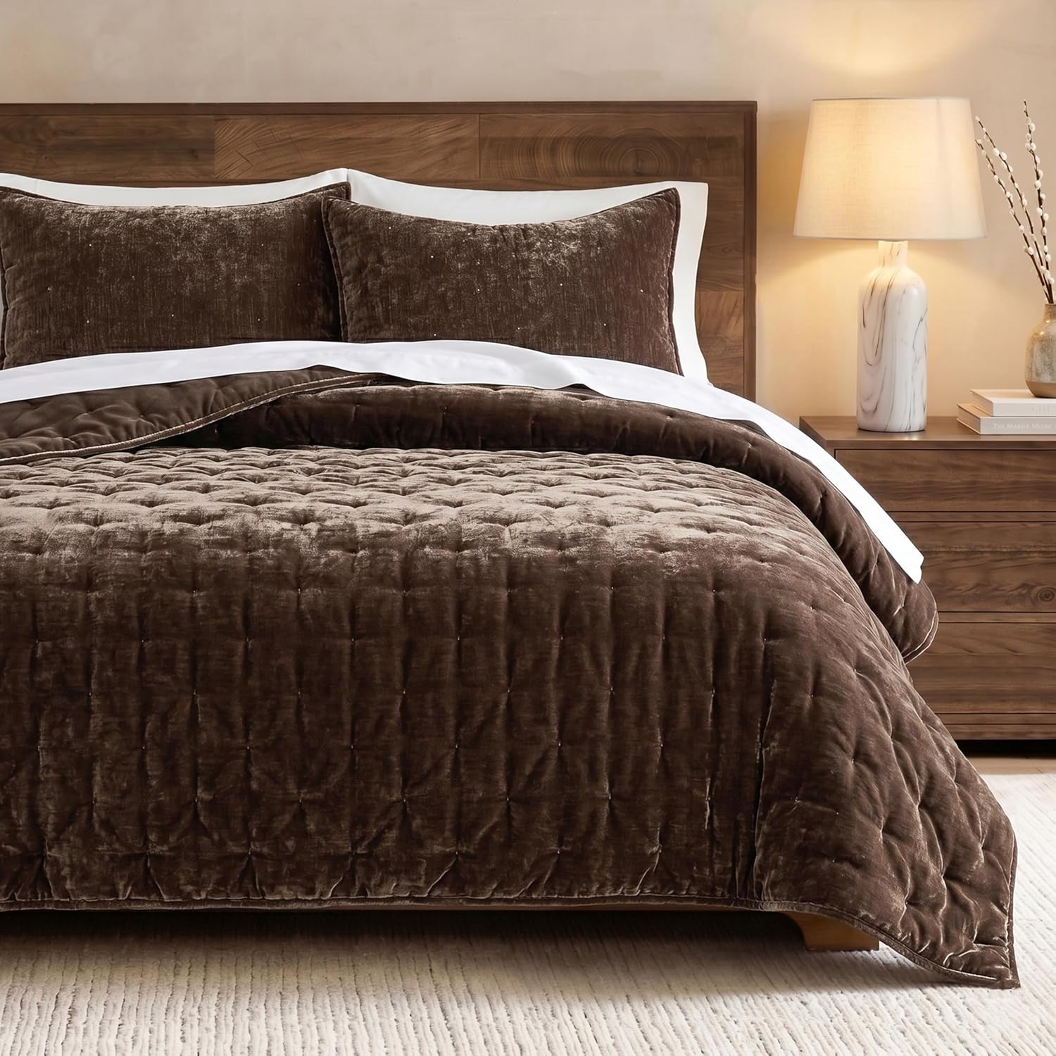 WDCOZY Chenille Velvet King Size Quilt Set - Chocolate Brown Cloud Soft Lightweight Bedspread, Dark Brown Farmhouse Country Rustic Coverlet, Coffee Mocha Modern Bedding Warm Thin Comforter, 3 Pieces
