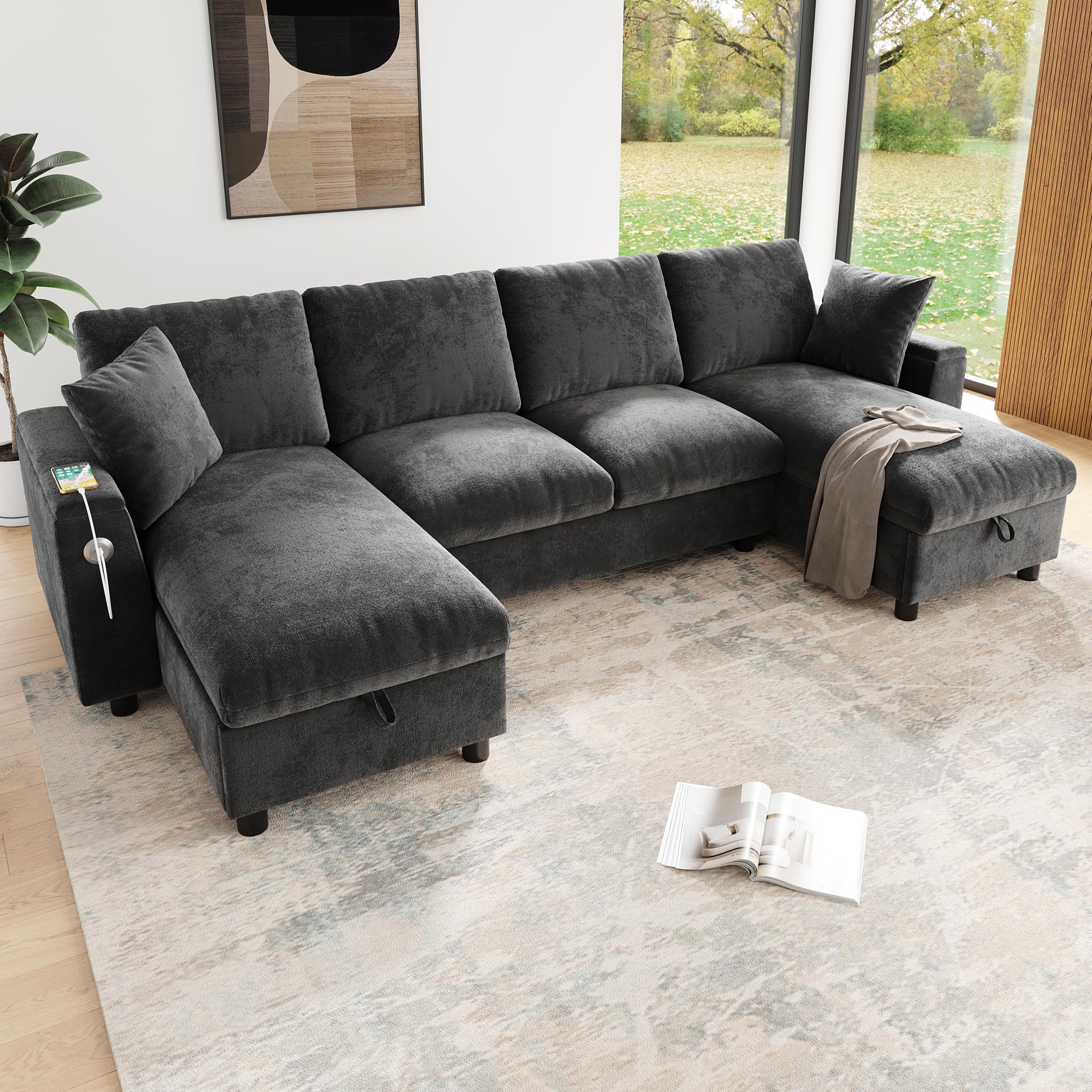 Muskel Chenille Wohnland 284 × 135 cm, sofá esquinero en forma de U con dos chaise longues y 2 plazas, sofá con espacio de almacenamiento abatible, cómodo sofá para salón, gris