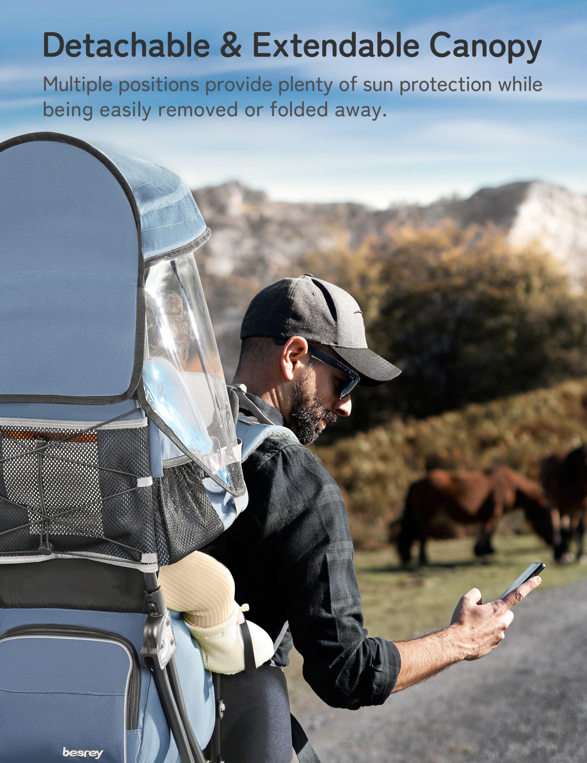 besrey Mochila portabebés, mochila de senderismo para niños pequeños con asiento de seguridad de 3 alturas, correas ajustables y cinturón de cintura, marco plegable, ligero, gran capacidad, para