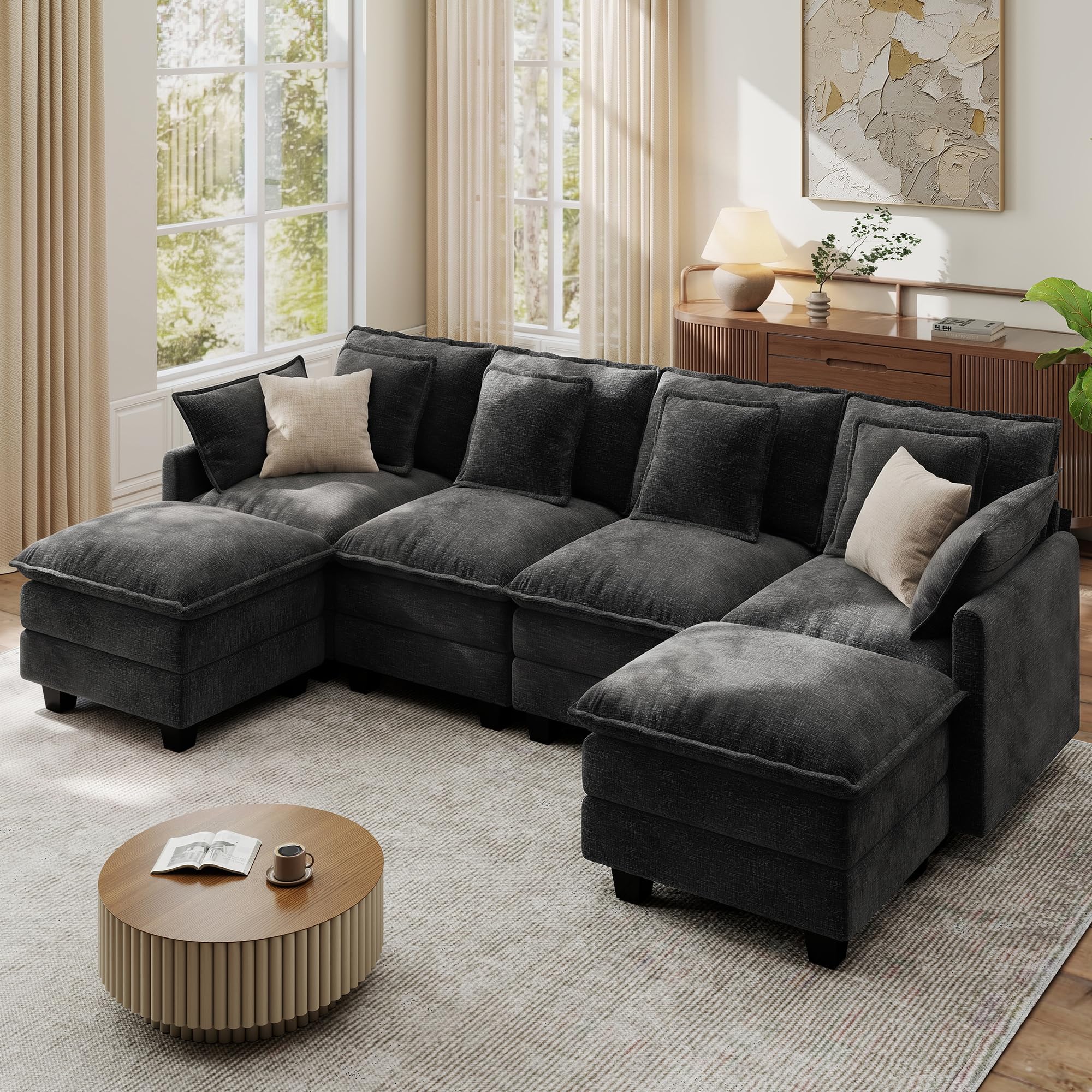 Ihanherry 107" Modular Sectional Cloud Sofa, U Shaped 6 Seat Chenille Couch with Movable Ottomans and 48" Deep Seat, Convertible Couches for Living Room, Black