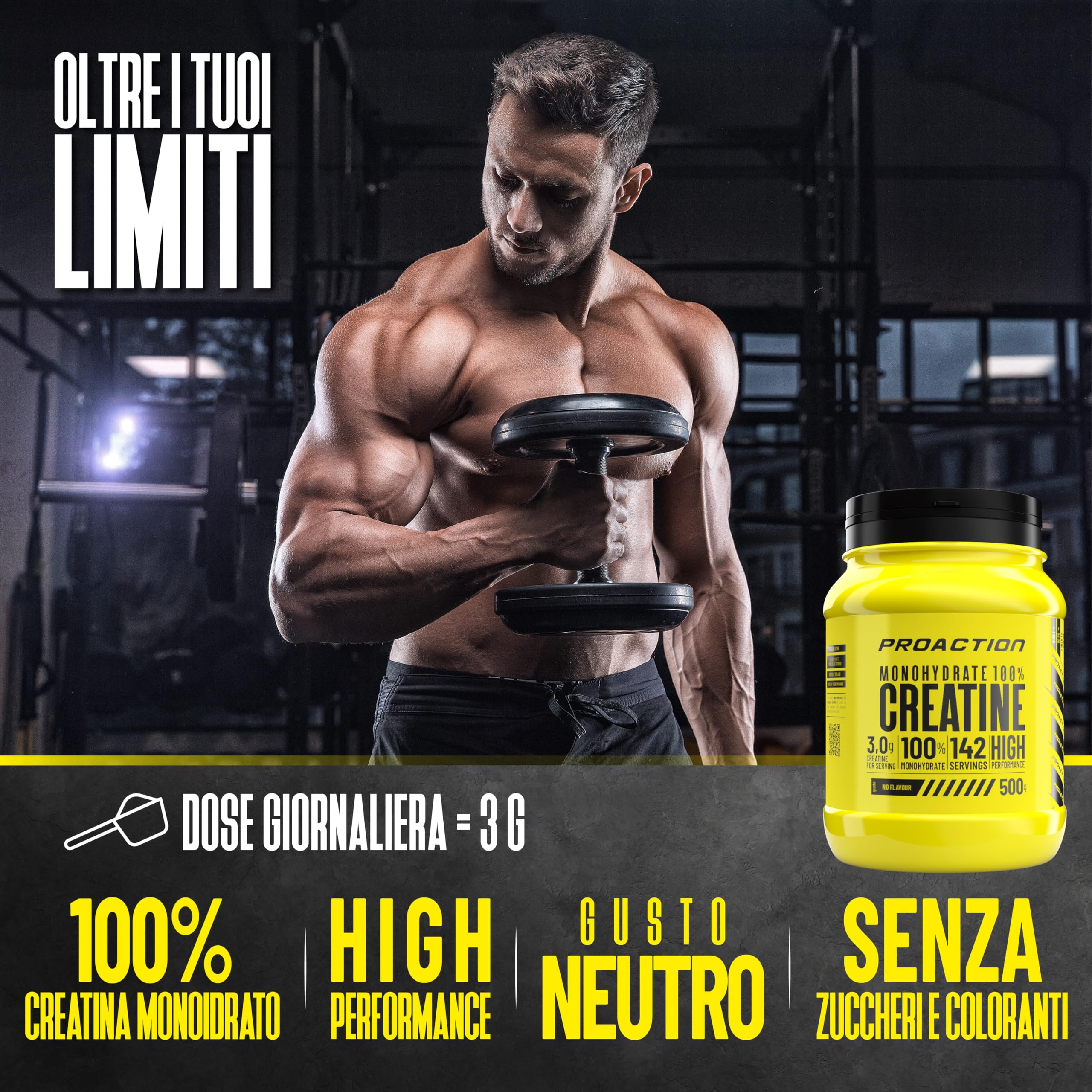 ProAction Creatina Monoidrata in Polvere | 100% Creatina Monoidrato Pura per Forza, Energia & Resistenza | Solubile & Senza Additivi | Aumento della Massa Muscolare | 142 Porzioni | 500 g