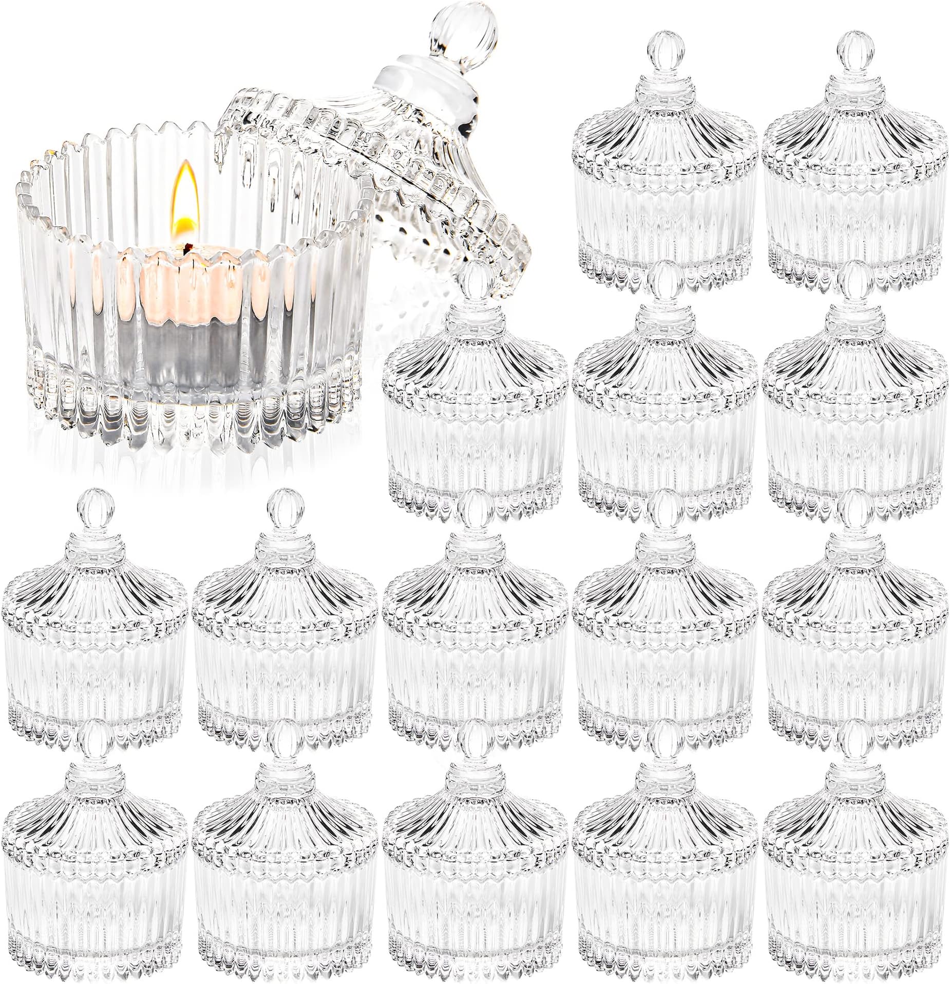 16 Piece Votive Candle Holders with Lids, Tealight Candle Holders in Bulk, Glass Small for Table Centerpiece, Wedding, Home Decor (2.68'' x 1.65'', Clear)