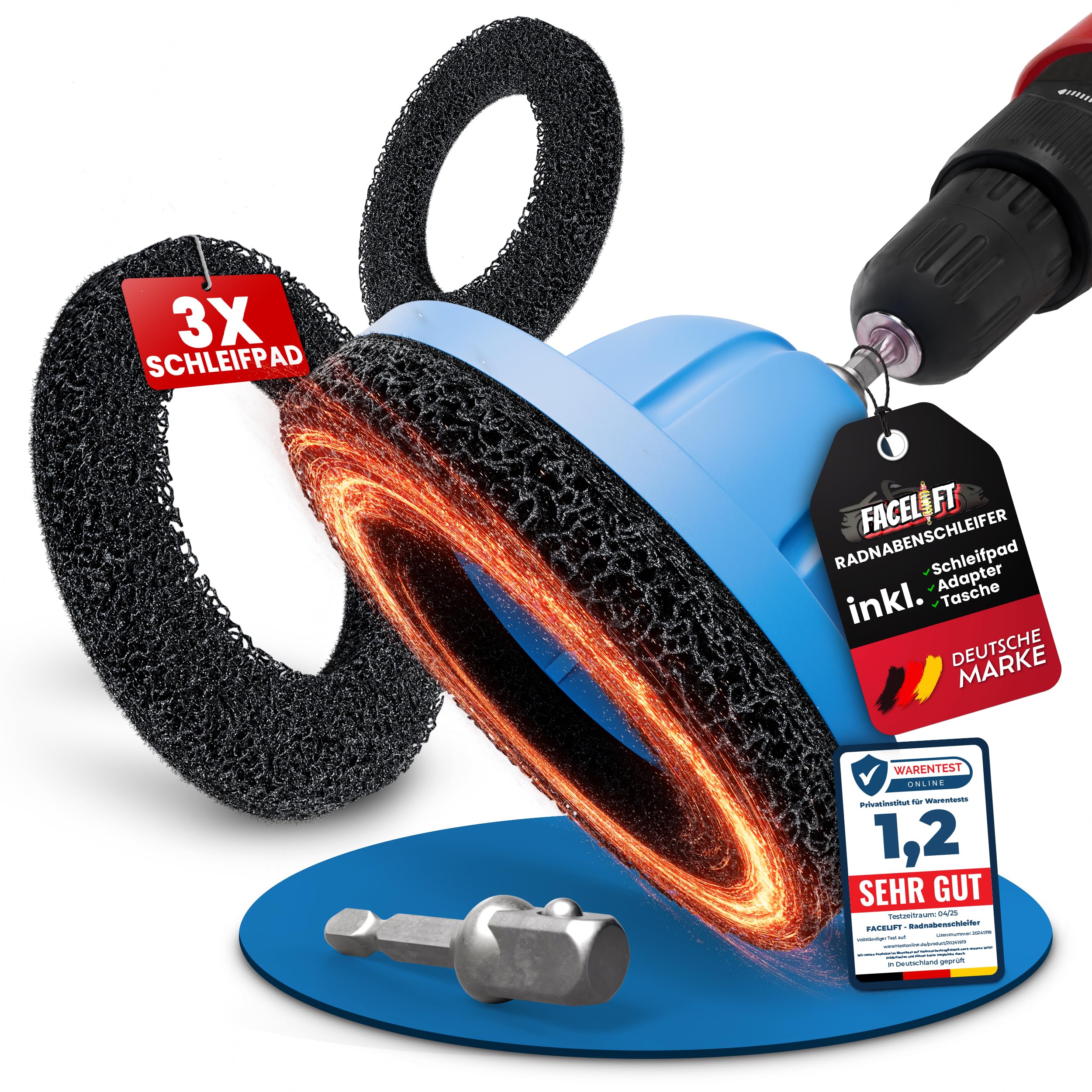 FACELIFT Radnabenschleifer Ø150mm – inkl. Schleifpad, Adapter & Tasche – für saubere Radaufnahme & festen Felgensitz – ideal beim Radwechsel am Auto oder Werkstatt (3x Schleifpad, 150mm, 20, Mittel)