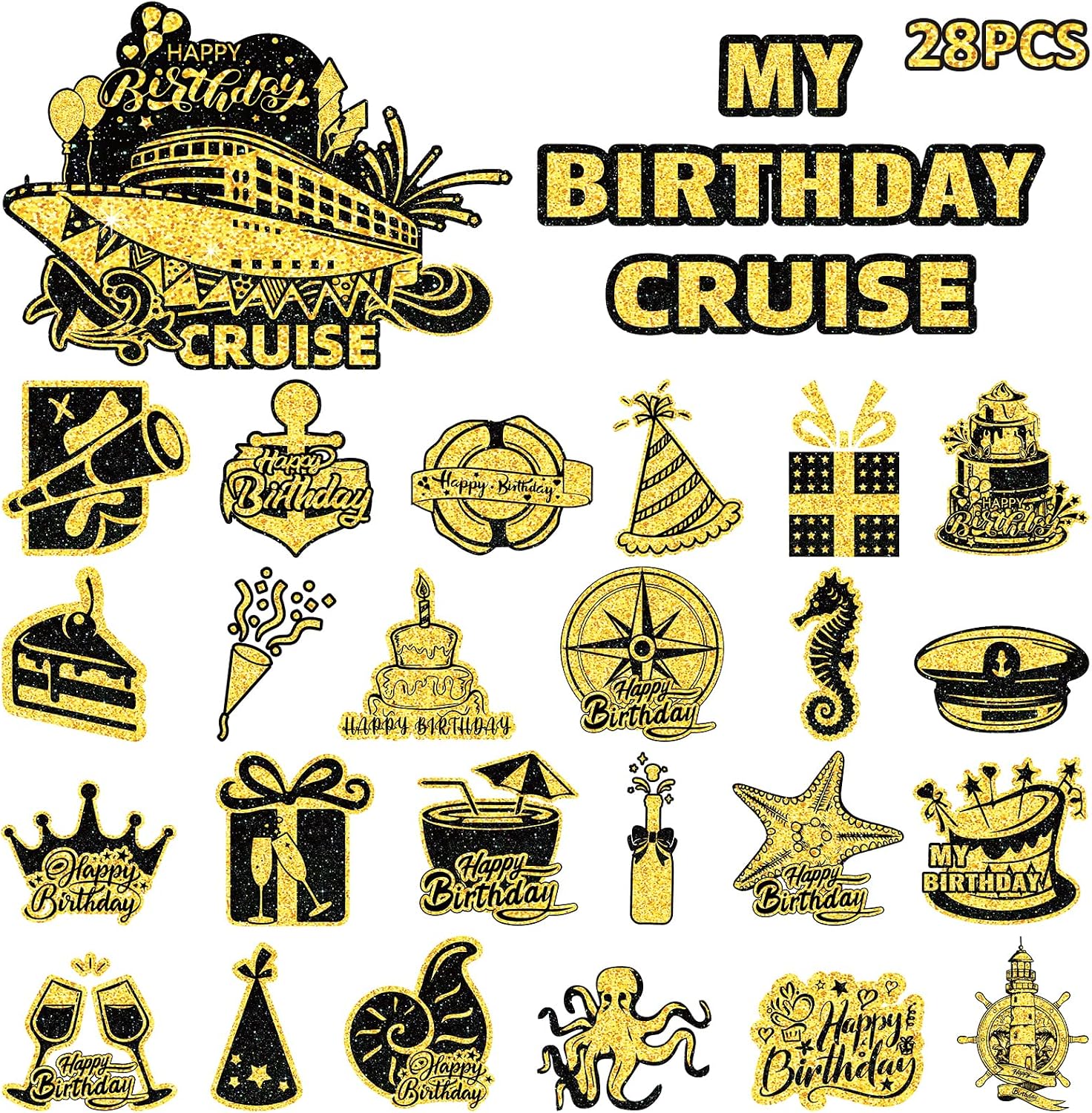 28Pack Black Gold Happy Birthday Cruise Door Magnets Refrigerator Magnetic Door Decor Set Cruise Essentials for Carnival/Alaska Cruises 2025 Cruise Magnets for Door Decoration Decor Anniversary