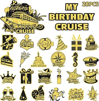 28Pack Black Gold Happy Birthday Cruise Door Magnets Refrigerator Magnetic Door Decor Set Cruise Essentials for Carnival/Alaska Cruises 2025 Cruise Magnets for Door Decoration Decor Anniversary