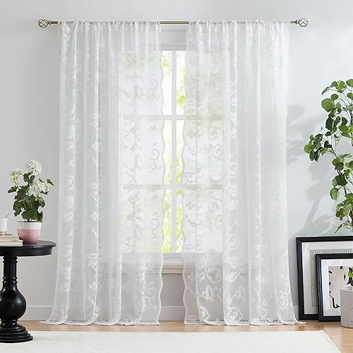 Miniatura 2 de Jubilantex Cortinas transparentes de encaje floral blanco con borde festoneado decorativo de 63 pulgadas de largo para dormitorio, sala de estar,